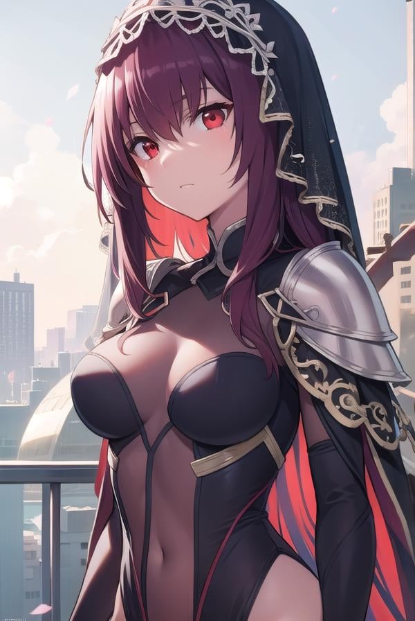 scathach, <lora:scathachtest:1>, scathach, long hair, purple hair, (red eyes:1.5),BREAK armor, bodysuit, pauldrons, purple bodysuit, shoulder armor, thighs, veil, black veil,BREAK outdoors, city,BREAK looking at viewer, BREAK <lora:GoodHands-vanilla:1>, (masterpiece:1.2), best quality, high resolution, unity 8k wallpaper, (illustration:0.8), (beautiful detailed eyes:1.6), extremely detailed face, perfect lighting, extremely detailed CG, (perfect hands, perfect anatomy),