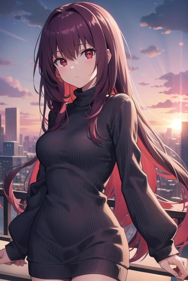 scathach, <lora:scathachtest:1>, scathach, long hair, purple hair, (red eyes:1.5),BREAK long sleeves, ribbed sweater, sweater, turtleneck, turtleneck sweater, white sweaterBREAK outdoors, city,BREAK looking at viewer, BREAK <lora:GoodHands-vanilla:1>, (masterpiece:1.2), best quality, high resolution, unity 8k wallpaper, (illustration:0.8), (beautiful detailed eyes:1.6), extremely detailed face, perfect lighting, extremely detailed CG, (perfect hands, perfect anatomy),