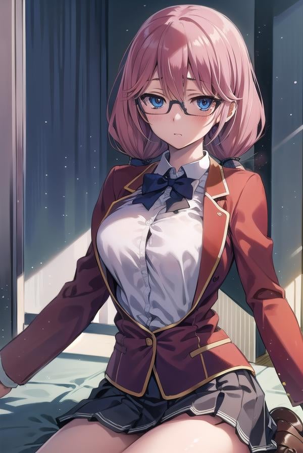 airisakura, <lora:airisakura-lora-nochekaiser:1>,airi sakura, blue eyes, glasses, long hair, pink hair, (low twintails:1.5),BREAK glasses, advanced nurturing high school uniform, blazer, red blazer, bow, bowtie, collared shirt, jacket, long sleeves, pleated skirt, school uniform, shirt, shoes, skirt, white shirt, white skirt, white socks,BREAK looking at viewer, full body,BREAK indoors, classroom,BREAK <lyco:GoodHands-beta2:1>, (masterpiece:1.2), best quality, high resolution, unity 8k wallpaper, (illustration:0.8), (beautiful detailed eyes:1.6), extremely detailed face, perfect lighting, extremely detailed CG, (perfect hands, perfect anatomy),