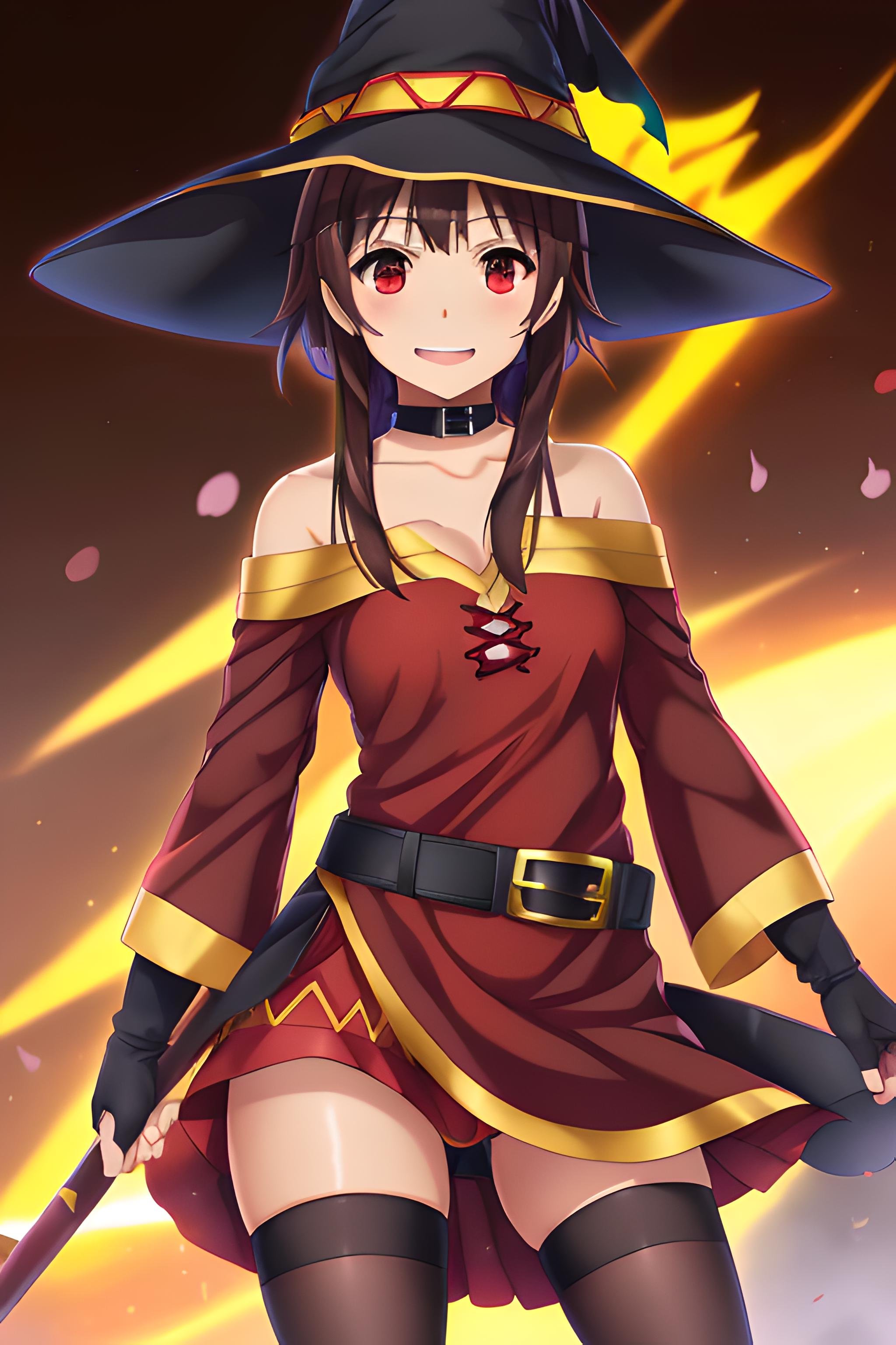 megumin, kono subarashii sekai ni shukufuku wo!, 1girl, solo, standing, looking at viewer, hat, witch hat, brown hair, short hair with long locks, red eyes, blush, evil grin, black choker, collarbone, flat chest, off-shoulder dress, dress, red dress, brown cape, long sleeves, black gloves, fingerless gloves, belt, brown belt, gold trim, zettai ryouiki, skindentation, (asymmetrical legwear:1.4), mismatched legwear, (bandaged leg:1.3), black thighhighs, (arms behind back:1.3), mature, mature woman, boobs, big boobs <lora:Megumin:0.6>