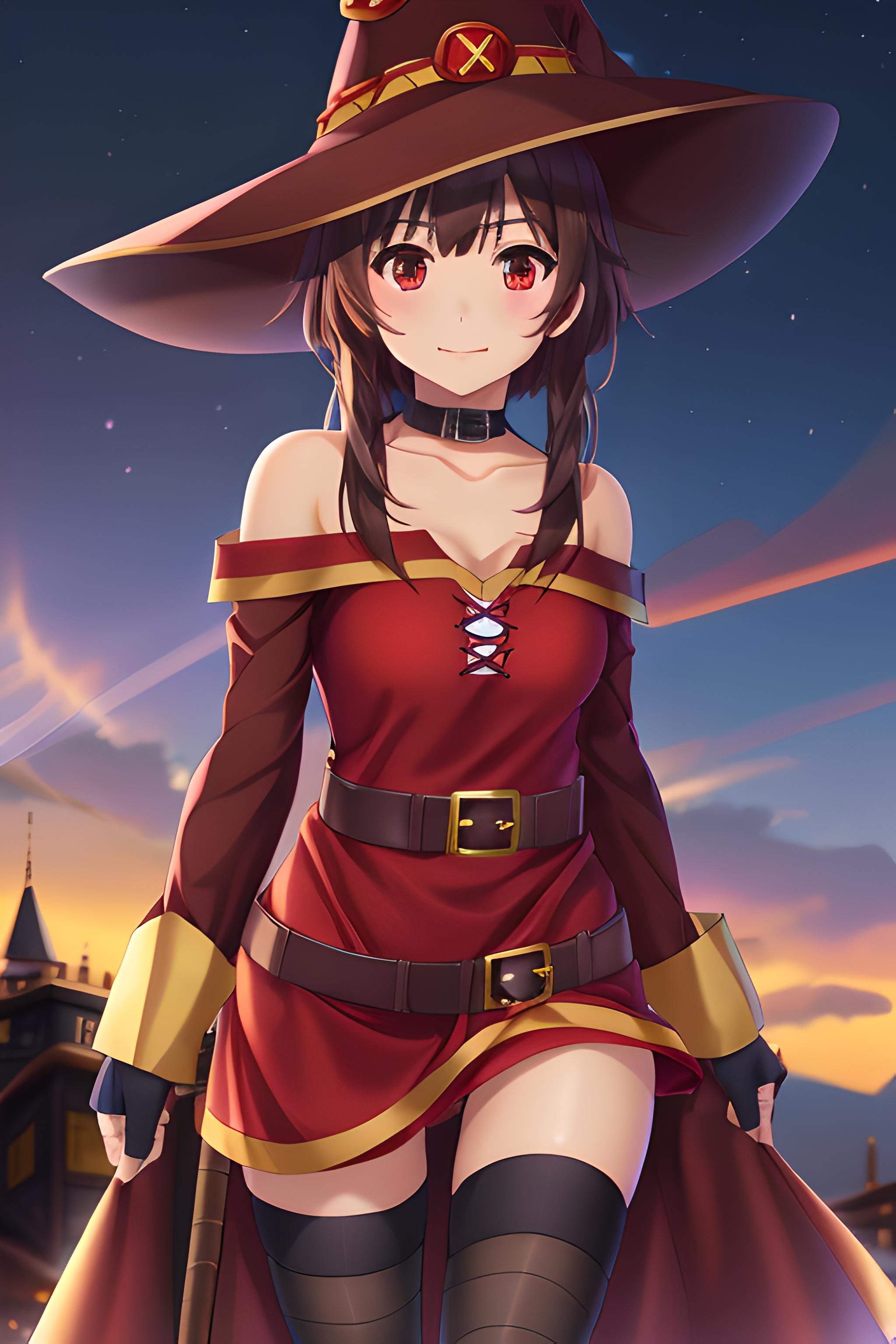 megumin, kono subarashii sekai ni shukufuku wo!, 1girl, solo, standing, looking at viewer, hat, witch hat, brown hair, short hair with long locks, red eyes, blush, evil grin, black choker, collarbone, flat chest, off-shoulder dress, dress, red dress, brown cape, long sleeves, black gloves, fingerless gloves, belt, brown belt, gold trim, zettai ryouiki, skindentation, (asymmetrical legwear:1.4), mismatched legwear, (bandaged leg:1.3), black thighhighs, (arms behind back:1.3), mature, mature woman, boobs, big boobs <lora:Megumin:0.6>