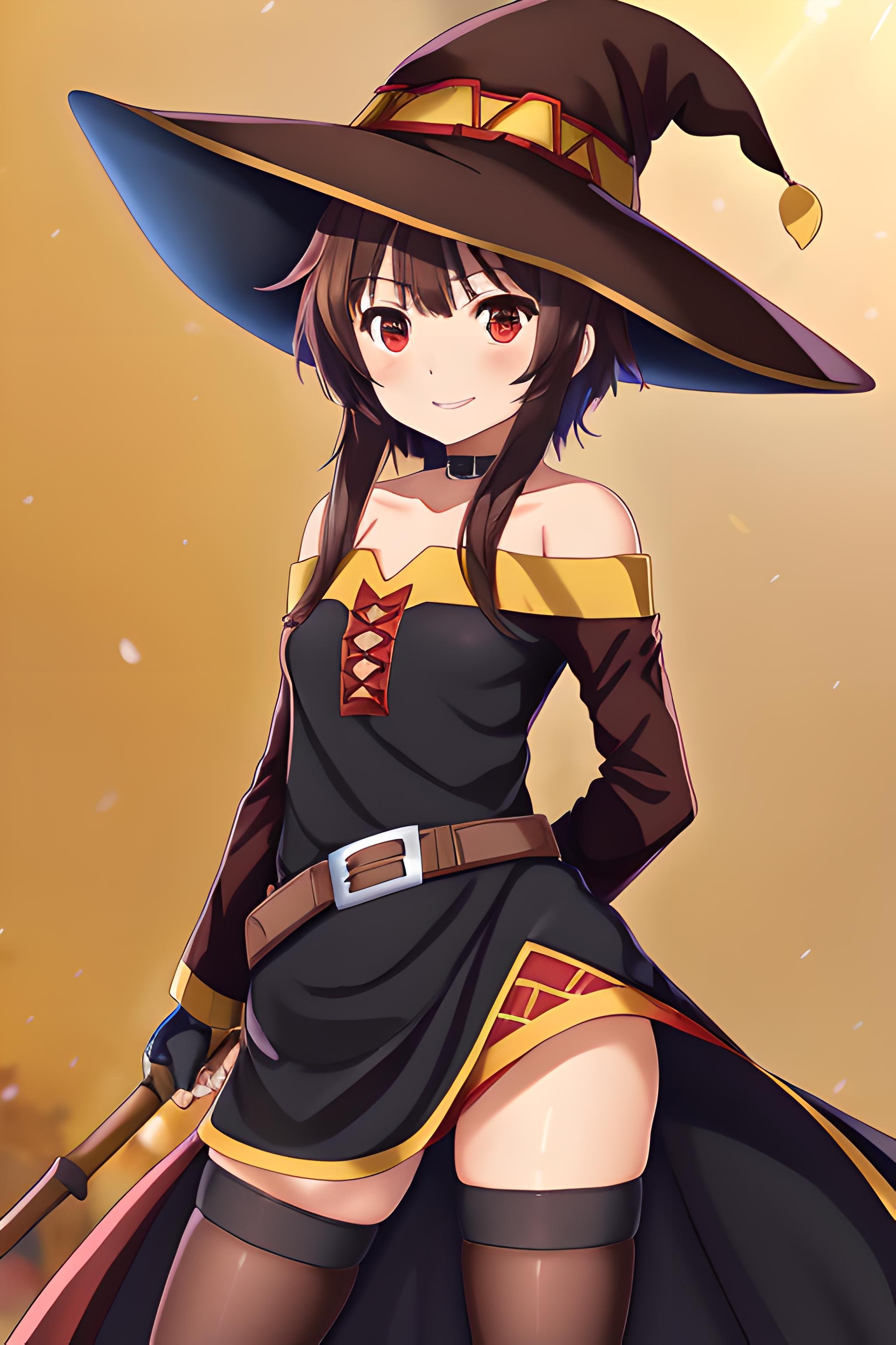 megumin, kono subarashii sekai ni shukufuku wo!, 1girl, solo, standing, looking at viewer, hat, witch hat, brown hair, short hair with long locks, red eyes, blush, evil grin, black choker, collarbone, flat chest, off-shoulder dress, dress, red dress, brown cape, long sleeves, black gloves, fingerless gloves, belt, brown belt, gold trim, zettai ryouiki, skindentation, (asymmetrical legwear:1.4), mismatched legwear, (bandaged leg:1.3), black thighhighs, (arms behind back:1.3), mature, mature woman, boobs, big boobs <lora:Megumin:0.6>