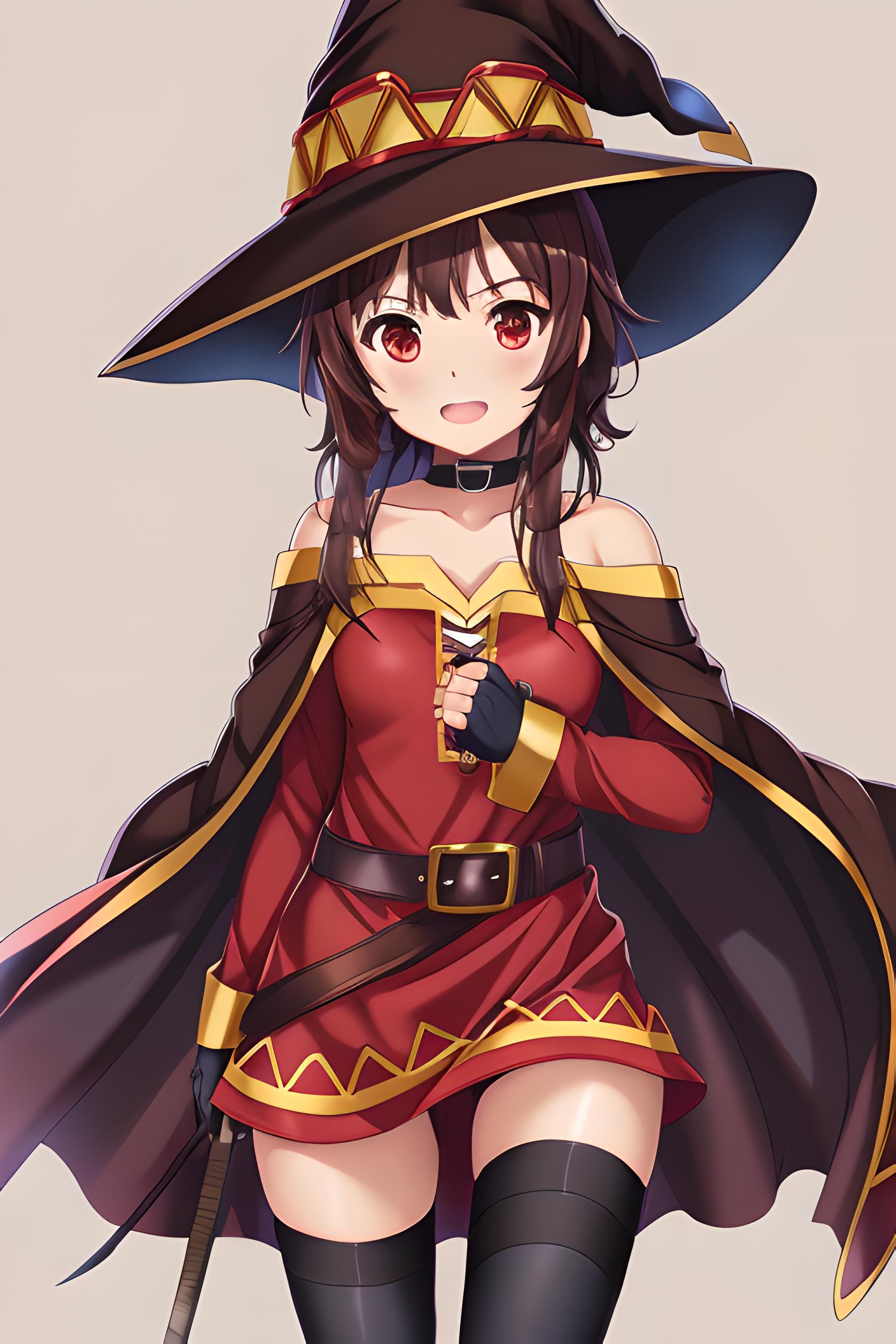 megumin, kono subarashii sekai ni shukufuku wo!, 1girl, solo, standing, looking at viewer, hat, witch hat, brown hair, short hair with long locks, red eyes, blush, evil grin, black choker, collarbone, flat chest, off-shoulder dress, dress, red dress, brown cape, long sleeves, black gloves, fingerless gloves, belt, brown belt, gold trim, zettai ryouiki, skindentation, (asymmetrical legwear:1.4), mismatched legwear, (bandaged leg:1.3), black thighhighs, (arms behind back:1.3), mature, mature woman, boobs, big boobs <lora:Megumin:0.6>