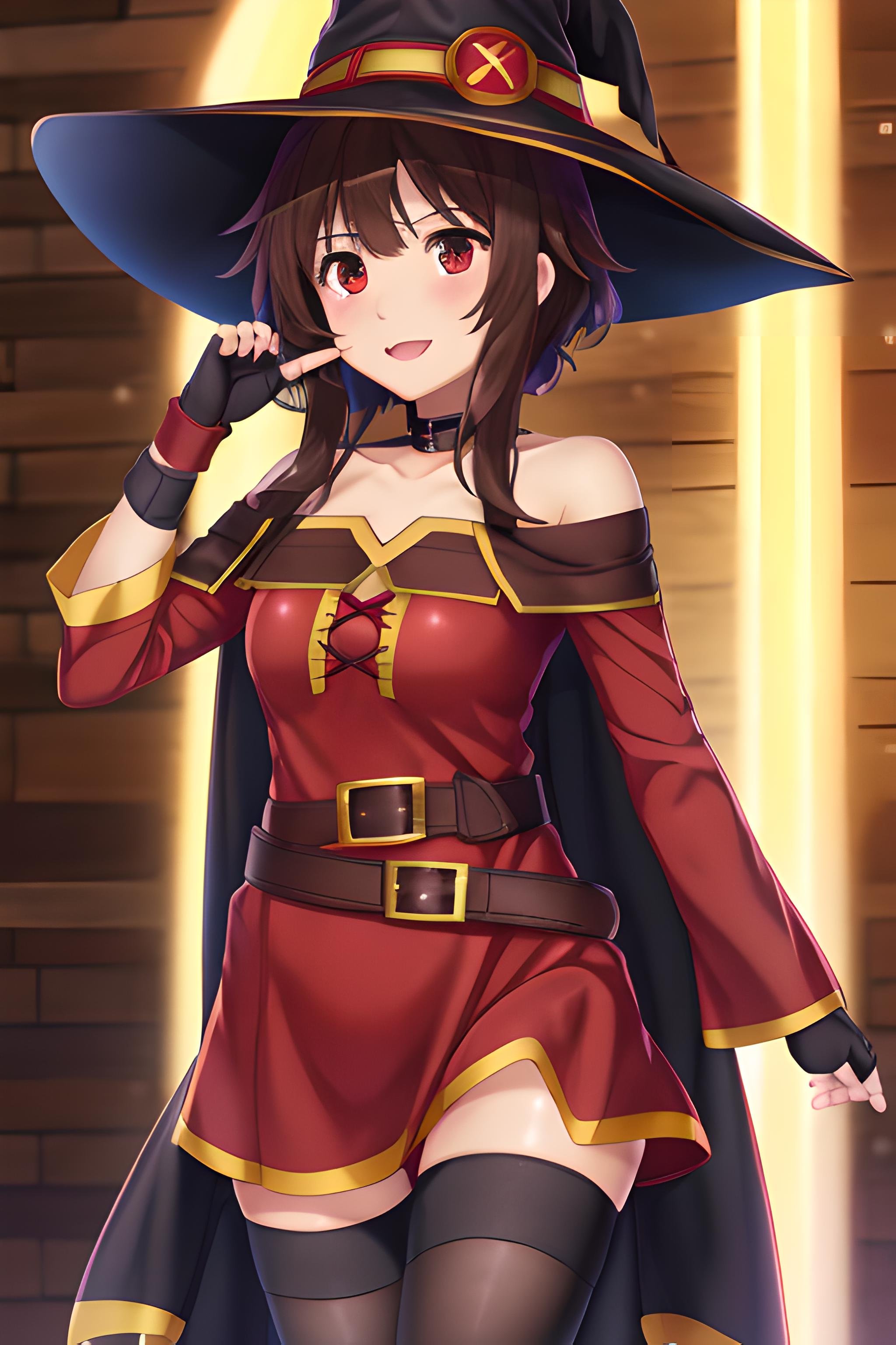 megumin, kono subarashii sekai ni shukufuku wo!, 1girl, solo, standing, looking at viewer, hat, witch hat, brown hair, short hair with long locks, red eyes, blush, evil grin, black choker, collarbone, flat chest, off-shoulder dress, dress, red dress, brown cape, long sleeves, black gloves, fingerless gloves, belt, brown belt, gold trim, zettai ryouiki, skindentation, (asymmetrical legwear:1.4), mismatched legwear, (bandaged leg:1.3), black thighhighs, (arms behind back:1.3), mature, mature woman, boobs, big boobs <lora:Megumin:0.6>