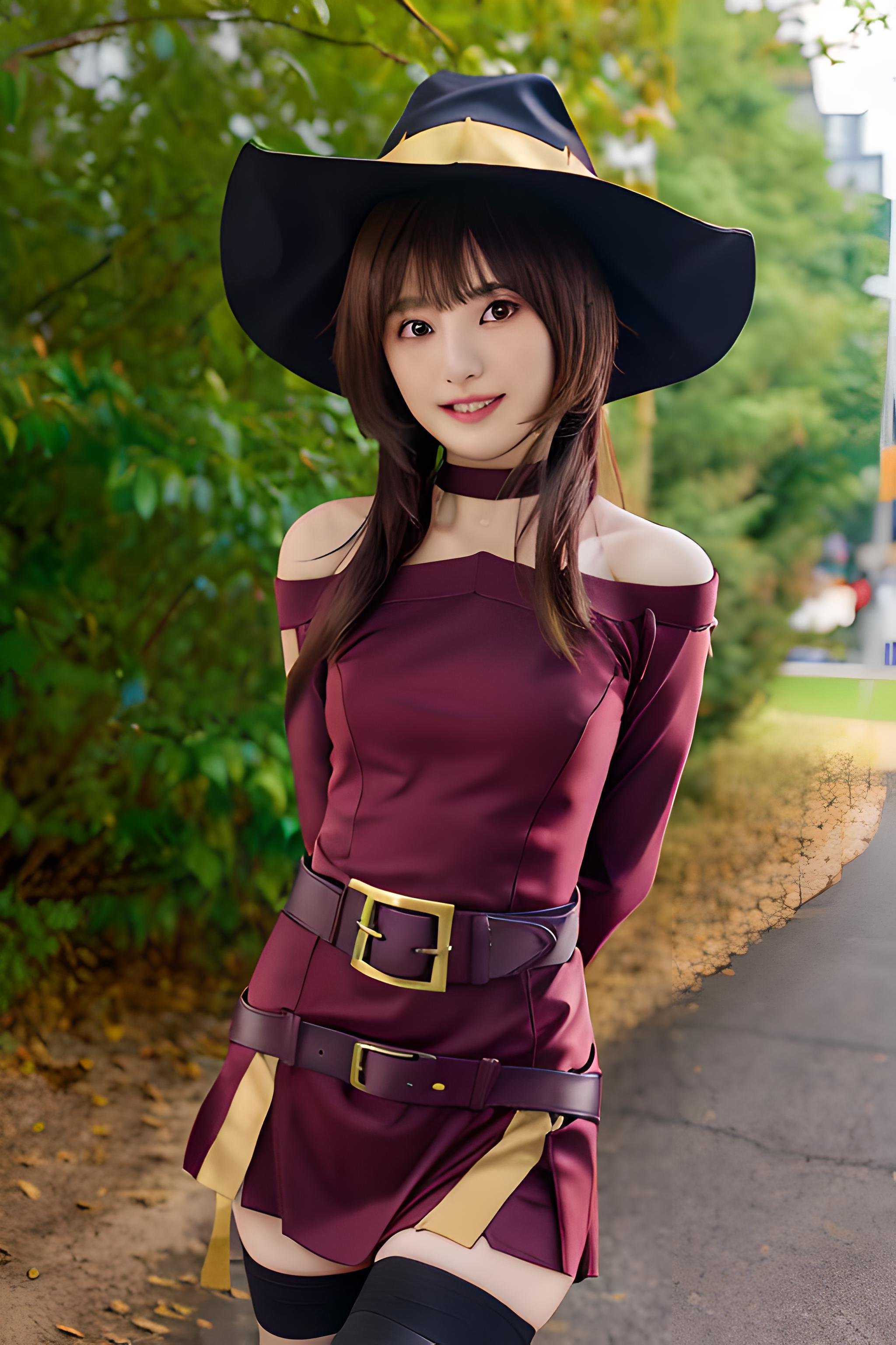 megumin, kono subarashii sekai ni shukufuku wo!, 1girl, solo, standing, looking at viewer, hat, witch hat, brown hair, short hair with long locks, red eyes, blush, evil grin, black choker, collarbone, flat chest, off-shoulder dress, dress, red dress, brown cape, long sleeves, black gloves, fingerless gloves, belt, brown belt, gold trim, zettai ryouiki, skindentation, (asymmetrical legwear:1.4), mismatched legwear, (bandaged leg:1.3), black thighhighs, (arms behind back:1.3), mature, mature woman, boobs, big boobs <lora:Megumin:0.6>