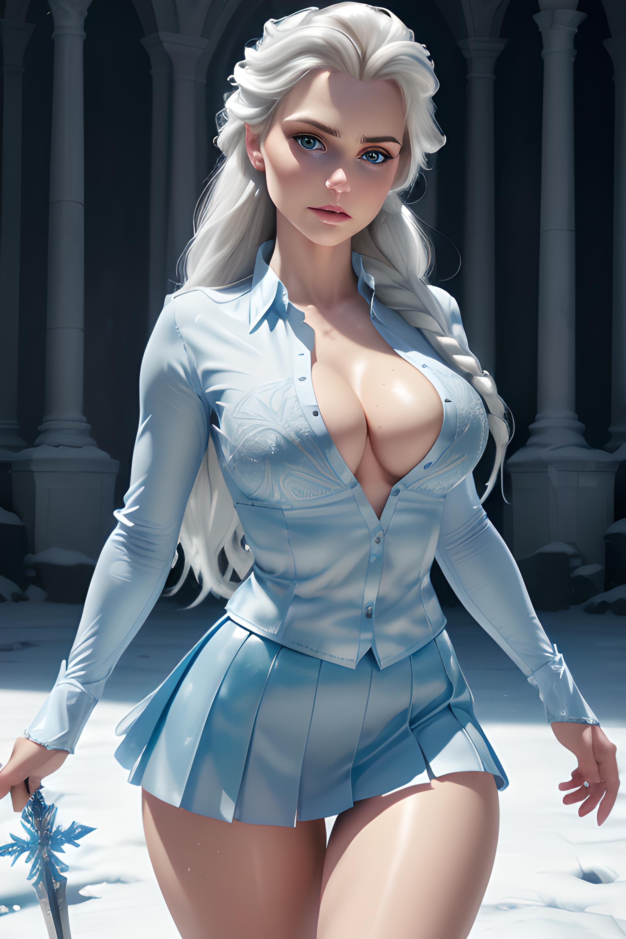 elsa, elsa from frozen,  (blue dress), 1girl, sword, holding sword, masterpiece, best quality, wide-angle, detailed hair, textured hair, long hair, white hair, fair skin,realistic, 4k, ultra realistic, texture, detailed background, detailed eyes, Perfect features, (masterpiece), (best quality:1.4), absurdres, [:intricate details:0.2], moist skin, shiny skin, glossy skin, (masterpeace, best quality, good quality:1.4), masterpeace, intricate details,wearing modern clothes, (shirt:1.5), (white shirt), pants, skirt, short skirt, miniskirt, pleated skirt, unbuttoned, unbuttoned shirt, large breasts, cleavage, cute face, detailed face, shaded face,  <lora:Elsa:0.6> <lora:microskirt_v0.2:0.5>
