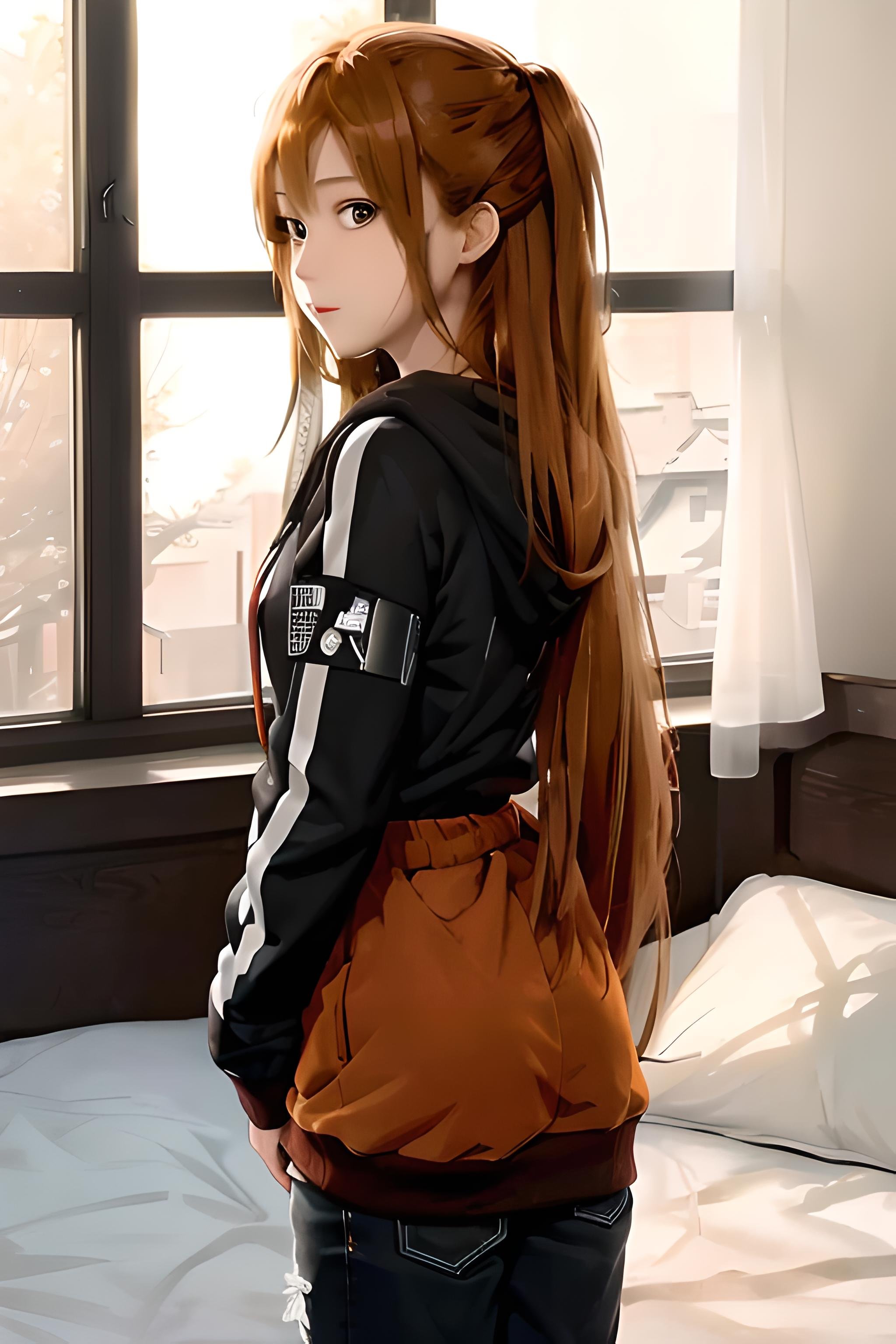 ((masterpiece)), ((best quality)), (slender_body:1.1), (wide_hips:1.2), (narrow_waist:1.2),Asuna Yuuki, 1girl, long hair, orange hair, long hair, realistic, ultra realistic, hyper realistic, real life, highly detailed, focused,Hoodie, Jacket, black hoodie, casual hoodiefull pants, Full dress, full sleeve, cute face, close up, focused on face, portraits, blurred background, detailed hair, indoor, window, bed, light, soft light, shadows, detailed shadows<lora:Asuna Yuuki 2:0.5>   <lora:HoodiesLoRA:1>