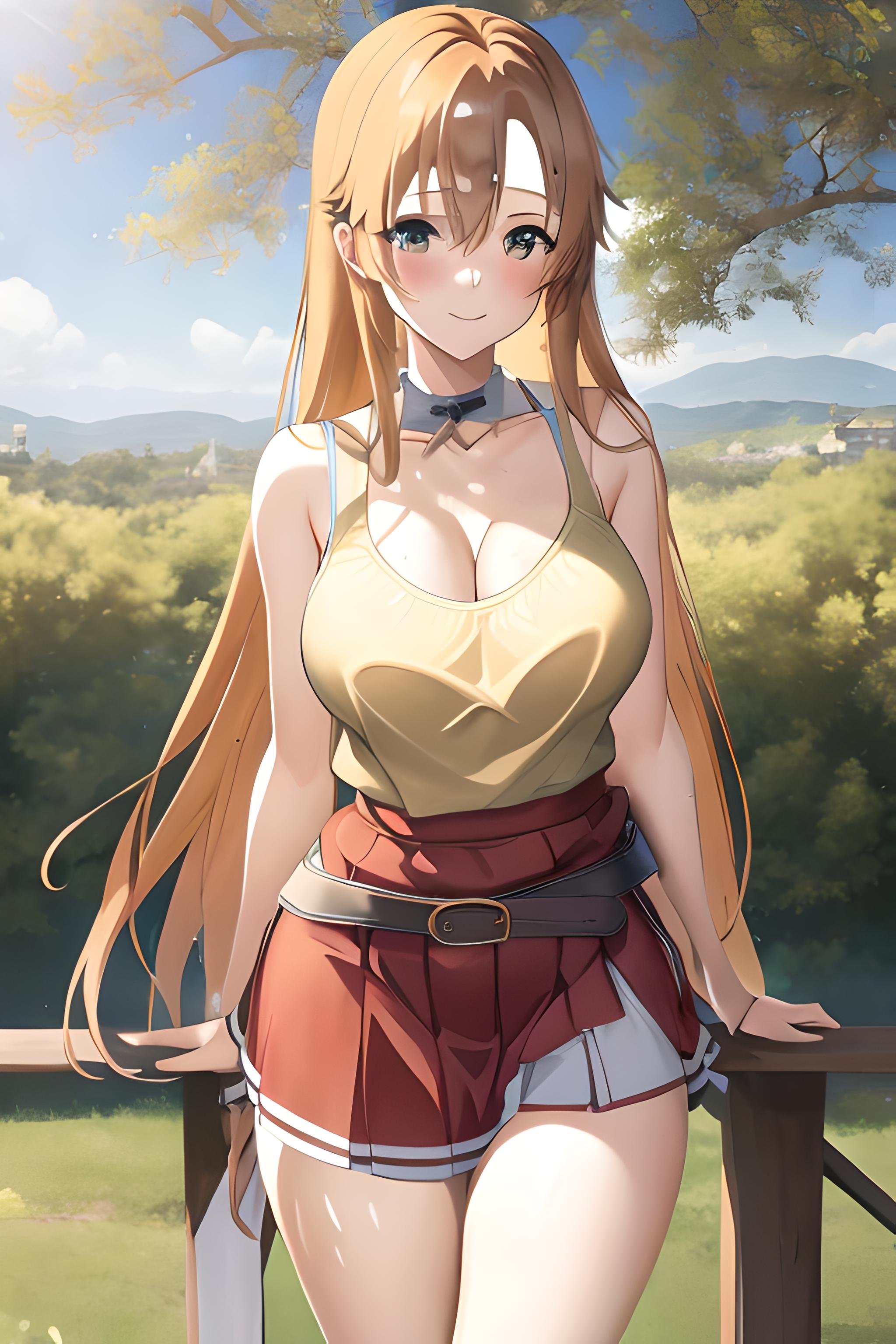 ((masterpiece)), ((best quality)), (slender_body:1.1), (wide_hips:1.2), (narrow_waist:1.2),Asuna Yuuki, 1girl,  breasts, cleavage,  huge breasts, large breasts,  long hair, midriff, navel, outdoors, large boobs, orange hair, long hair, skirt, miniskirt, microskirt, nice ass, big boobs, realistic, ultra realistic, hyper realistic, real life, highly detailed, focused, <lora:downblouse-v1:0.6>  <lora:microskirt_v0.2:0.6> <lora:Asuna Yuuki 2:1>