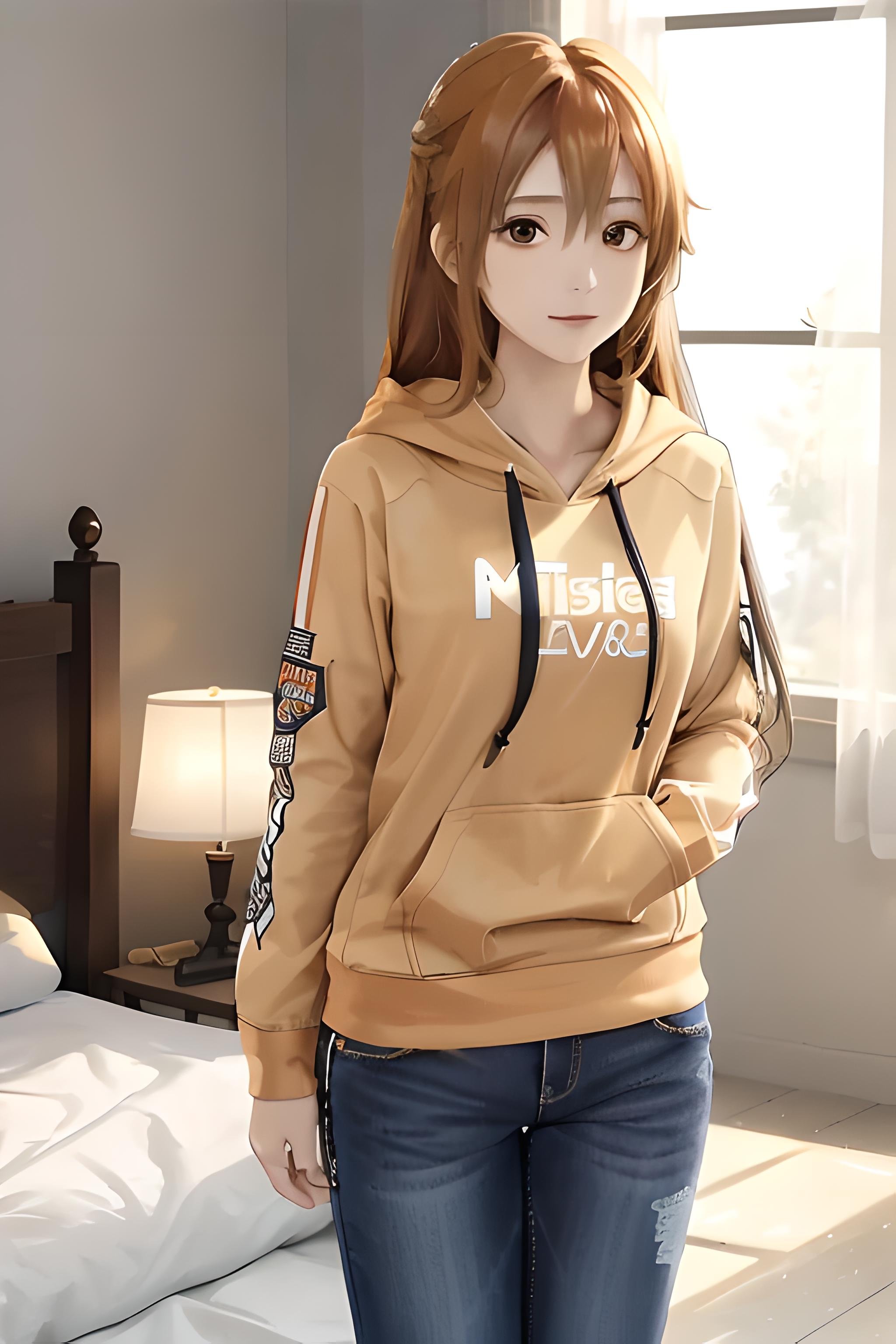 ((masterpiece)), ((best quality)), (slender_body:1.1), (wide_hips:1.2), (narrow_waist:1.2),Asuna Yuuki, 1girl, long hair, orange hair, long hair, realistic, ultra realistic, hyper realistic, real life, highly detailed, focused,Hoodie, Jacket, black hoodie, casual hoodiefull pants, Full dress, full sleeve, cute face, close up, focused on face, portraits, blurred background, detailed hair, indoor, window, bed, light, soft light, shadows, detailed shadows<lora:Asuna Yuuki 2:0.5>   <lora:HoodiesLoRA:1>