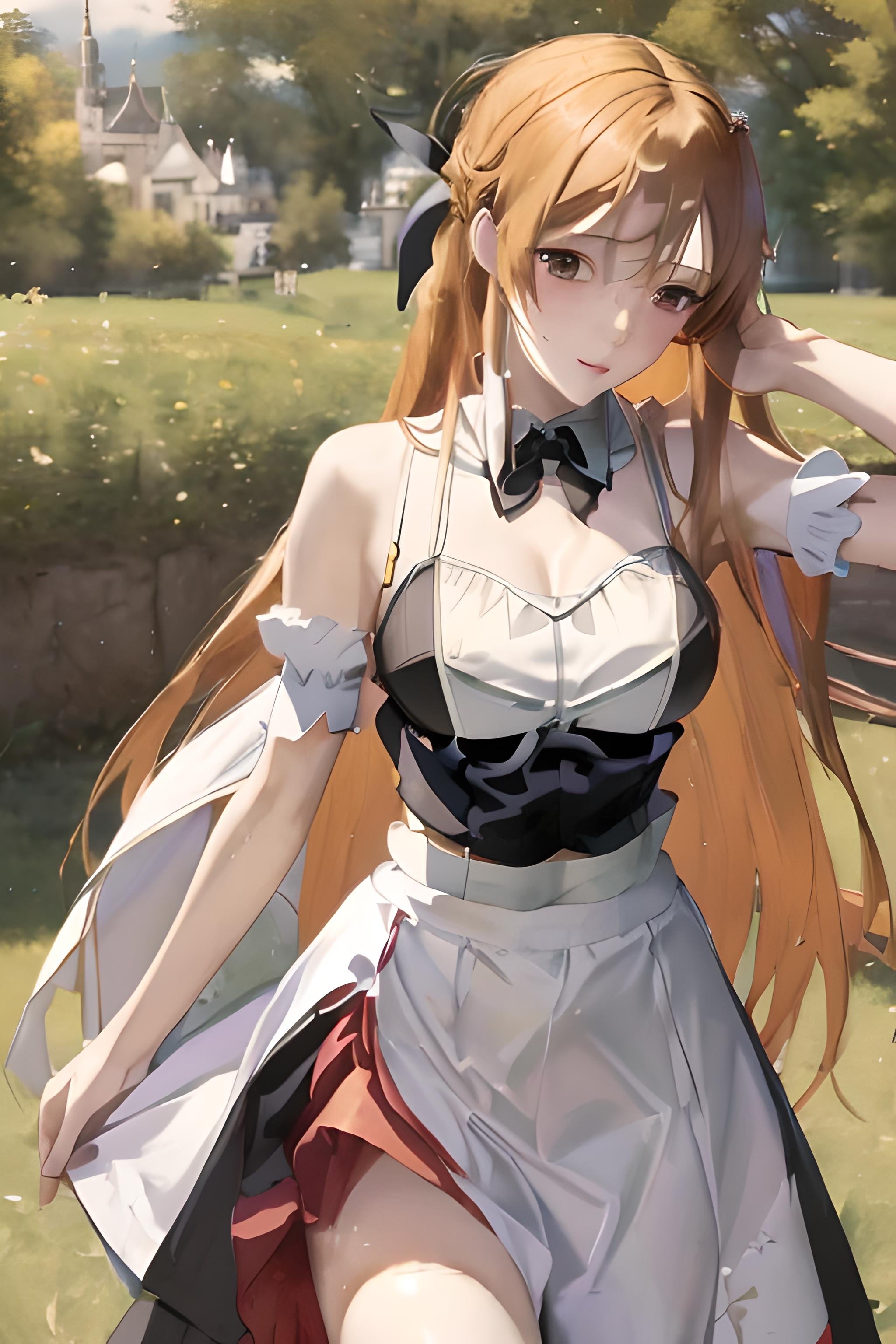 ((masterpiece)), ((best quality)), (slender_body:1.1), (wide_hips:1.2), (narrow_waist:1.2),Asuna Yuuki, 1girl, large breasts,  long hair, midriff, outdoors, large boobs, orange hair, long hair, realistic, ultra realistic, hyper realistic, real life, highly detailed, focused,Maid Dress, Maid, <lora:Asuna Yuuki 2:1> 