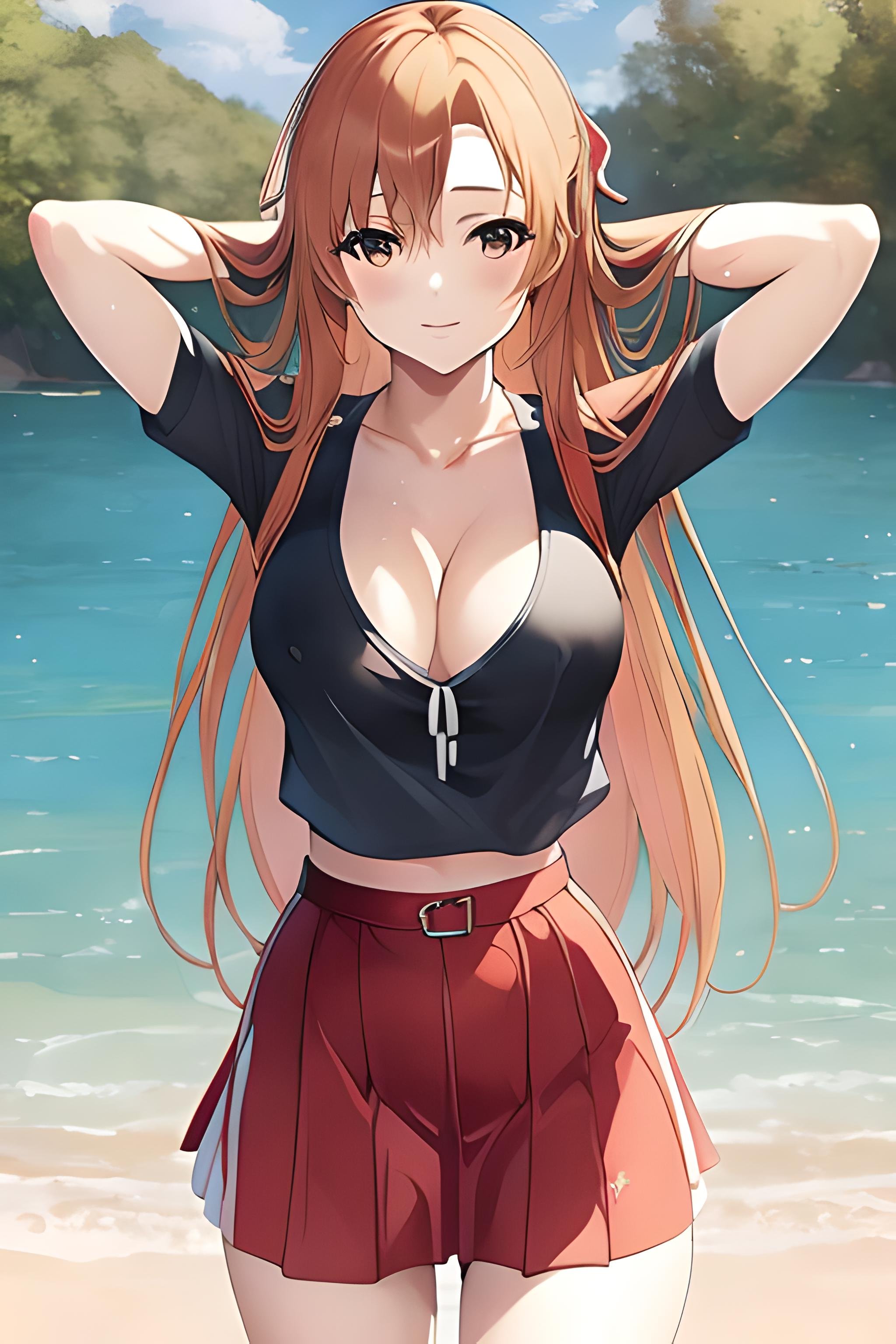 ((masterpiece)), ((best quality)), (slender_body:1.1), (wide_hips:1.2), (narrow_waist:1.2),Asuna Yuuki, 1girl,  breasts, cleavage,  huge breasts, large breasts,  long hair, midriff, navel, outdoors, large boobs, orange hair, long hair, skirt, miniskirt, microskirt, nice ass, big boobs, realistic, ultra realistic, hyper realistic, real life, highly detailed, focused, <lora:downblouse-v1:0.6>  <lora:microskirt_v0.2:0.6> <lora:Asuna Yuuki 2:1>