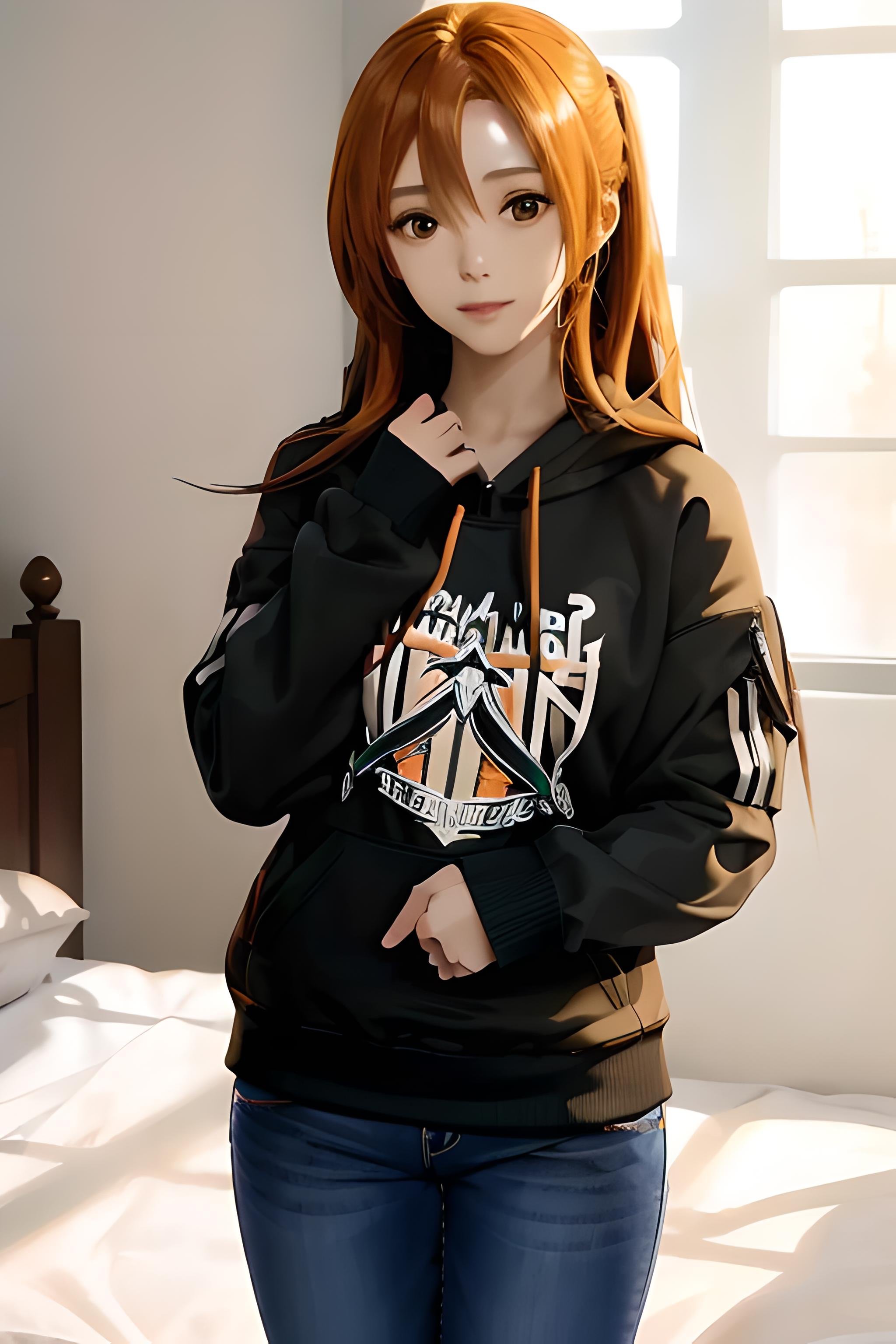 ((masterpiece)), ((best quality)), (slender_body:1.1), (wide_hips:1.2), (narrow_waist:1.2),Asuna Yuuki, 1girl, long hair, orange hair, long hair, realistic, ultra realistic, hyper realistic, real life, highly detailed, focused,Hoodie, Jacket, black hoodie, casual hoodiefull pants, Full dress, full sleeve, cute face, close up, focused on face, portraits, blurred background, detailed hair, indoor, window, bed, light, soft light, shadows, detailed shadows<lora:Asuna Yuuki 2:0.5>   <lora:HoodiesLoRA:1>