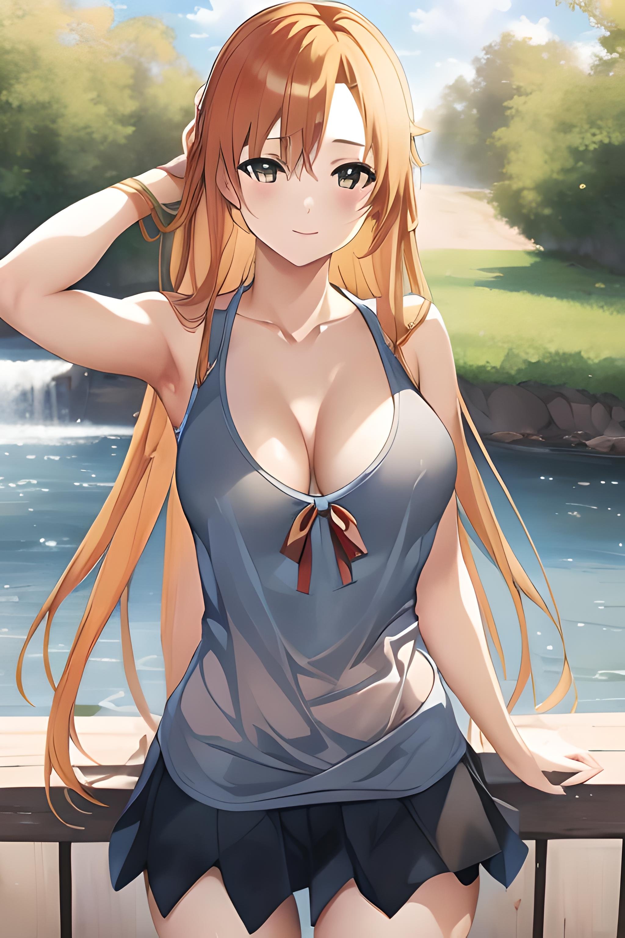 ((masterpiece)), ((best quality)), (slender_body:1.1), (wide_hips:1.2), (narrow_waist:1.2),Asuna Yuuki, 1girl,  breasts, cleavage,  huge breasts, large breasts,  long hair, midriff, navel, outdoors, large boobs, orange hair, long hair, skirt, miniskirt, microskirt, nice ass, big boobs, realistic, ultra realistic, hyper realistic, real life, highly detailed, focused, <lora:downblouse-v1:0.6>  <lora:microskirt_v0.2:0.6> <lora:Asuna Yuuki 2:1>