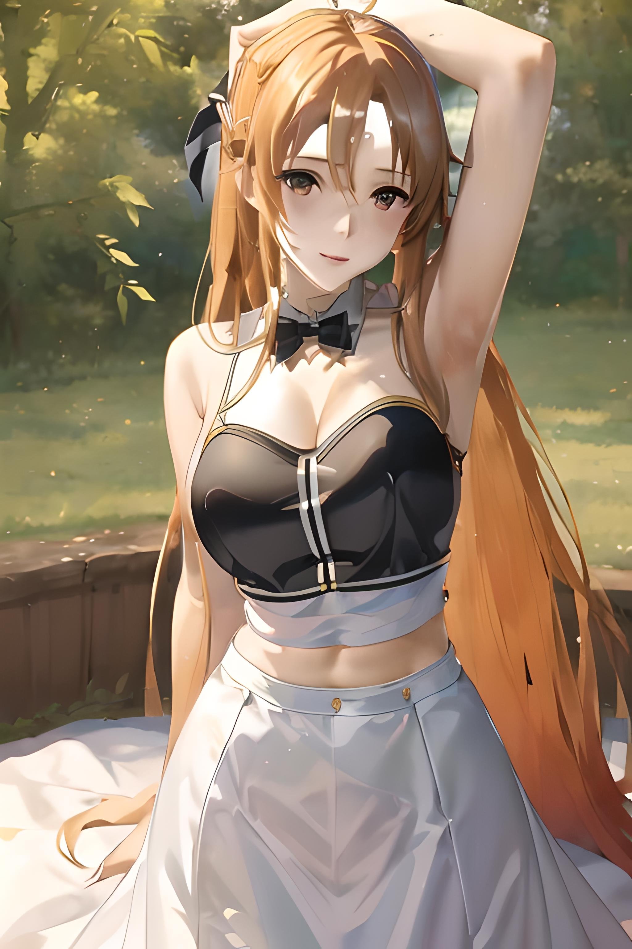 ((masterpiece)), ((best quality)), (slender_body:1.1), (wide_hips:1.2), (narrow_waist:1.2),Asuna Yuuki, 1girl, large breasts,  long hair, midriff, outdoors, large boobs, orange hair, long hair, realistic, ultra realistic, hyper realistic, real life, highly detailed, focused,Maid Dress, Maid, <lora:Asuna Yuuki 2:1> 