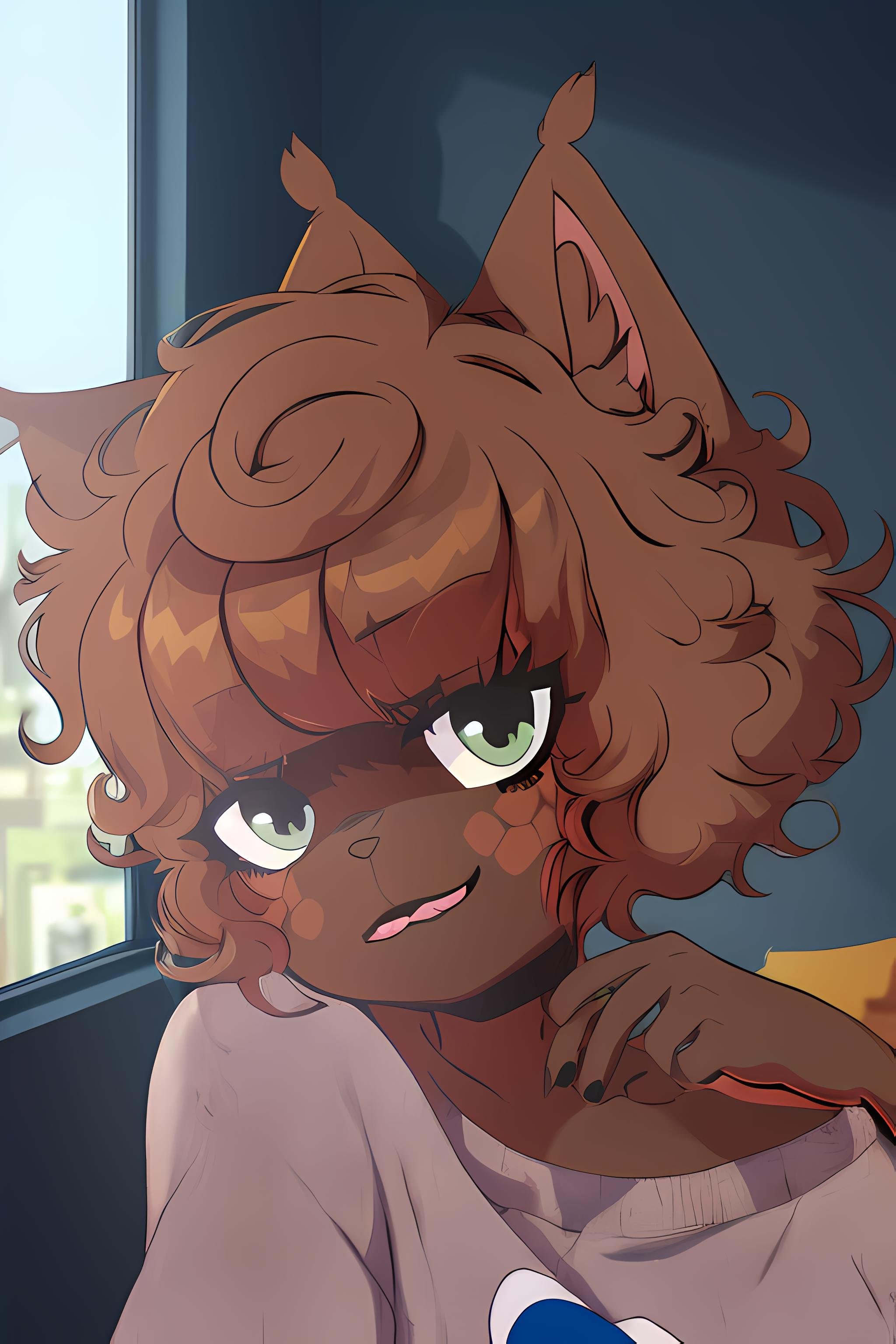 dercie, /(dercie)/, dercie from yeagers, broun, furry, green hair, cartoonized, cartoon, painting, short hair, short brown hair,  1girl, looking at viewer, indoors, bedroom, contemporary, modern bedroom, window, detailed shadow, high quality, highres,  <lora:Dercie:1>