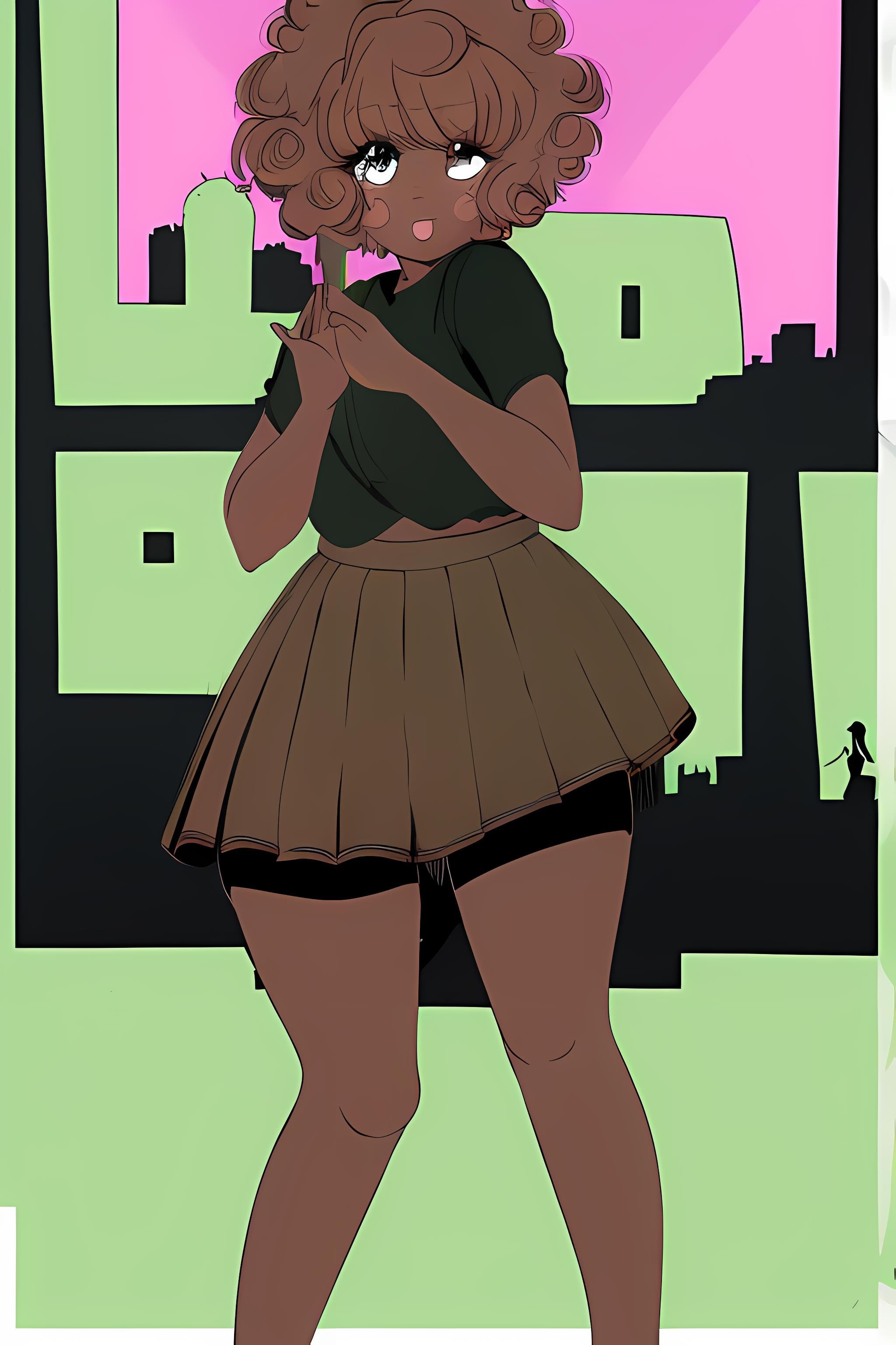 dercie, /(dercie)/, dercie from yeagers, brown, furry, green hair, cartoonized, cartoon, painting, short hair, short brown hair,  1girl, looking at viewer, high quality, highres, full body, outdoors, city, nature, wearing skirt, pleated skirt,  <lora:Dercie:1>