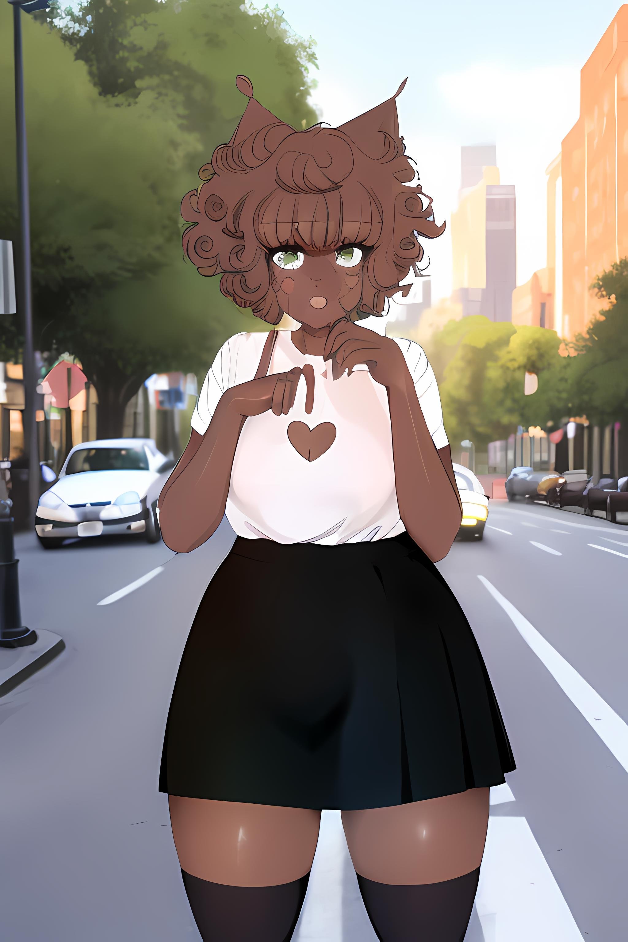 dercie, /(dercie)/, dercie from yeagers, brown, furry, green hair, cartoonized, cartoon, painting, short hair, short brown hair,  1girl, looking at viewer, high quality, highres, full body, outdoors, city, nature, wearing skirt, pleated skirt, realistic, hyperrealistic, ultra realistic,  <lora:Dercie:1>