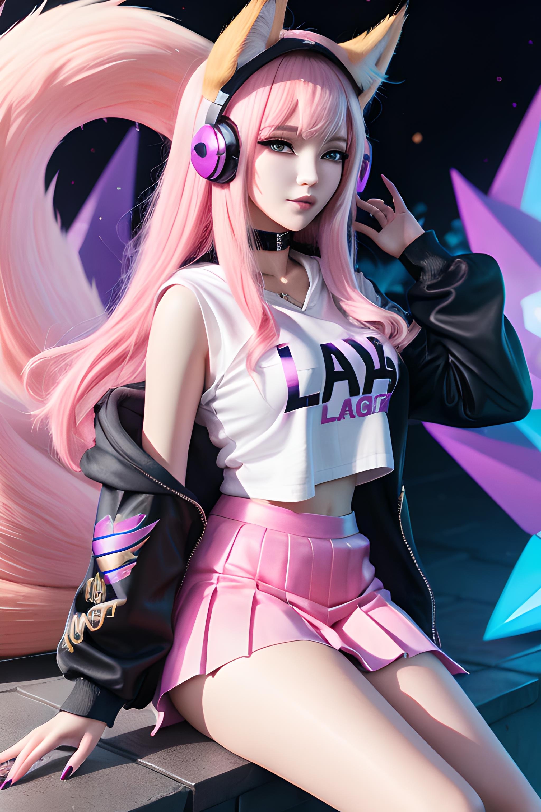 ahri, 1girl, absurdres, ahri_\(league_of_legends\), animal_ears, bangs, black_choker, blonde_hair, brown_eyes, choker, covered_navel, fox_ears, fox_girl, fox_tail, headset, heart, highres, k/da_\(league_of_legends\), k/da_ahri, league_of_legends,  multiple tails, pink_nails,solo, tail, t shirt, white shirt, hoodie, wearing hoodie, skirt, wearing skirt, long skirt, pleated skirt, <lora:Ahri KDA 2.0:0.3>