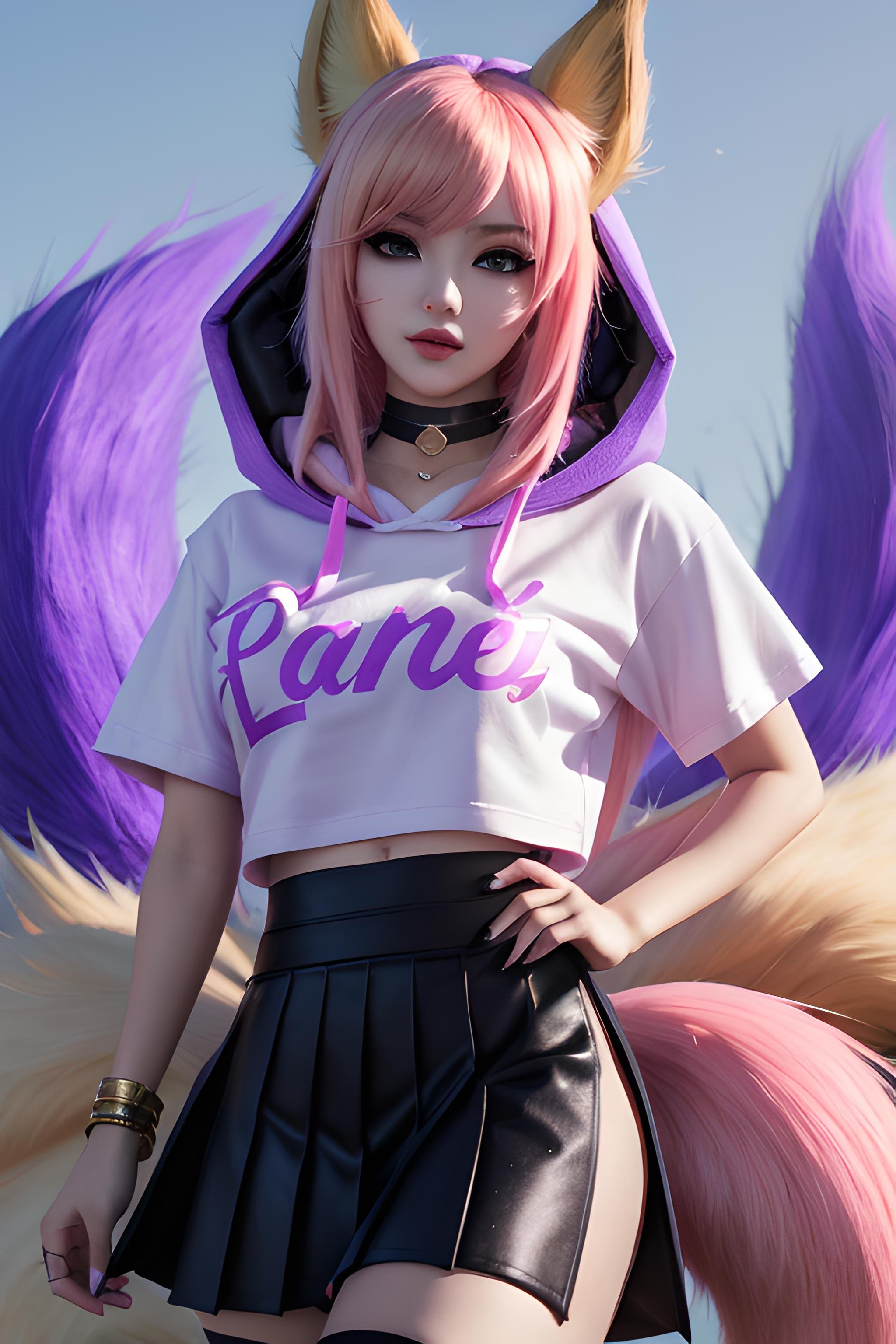 ahri, 1girl, absurdres, ahri_\(league_of_legends\), animal_ears, bangs, black_choker, blonde_hair, brown_eyes, choker, covered_navel, fox_ears, fox_girl, fox_tail, headset, heart, highres, k/da_\(league_of_legends\), k/da_ahri, league_of_legends,  multiple tails, pink_nails,solo, tail, t shirt, white shirt, hoodie, wearing hoodie, skirt, wearing skirt, long skirt, pleated skirt, <lora:Ahri KDA 2.0:0.3>