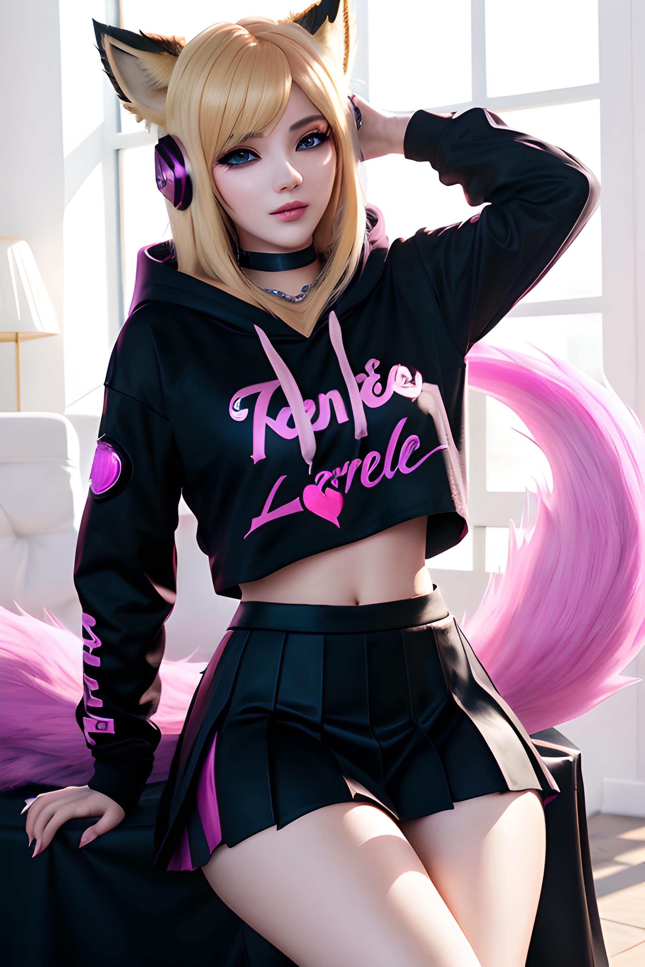 ahri, 1girl, absurdres, ahri_\(league_of_legends\), animal_ears, bangs, black_choker, blonde_hair, brown_eyes, choker, covered_navel, fox_ears, fox_girl, fox_tail, headset, heart, highres, k/da_\(league_of_legends\), k/da_ahri, league_of_legends,  multiple tails, pink_nails,solo, tail, t shirt, white shirt, hoodie, wearing hoodie, skirt, wearing skirt, long skirt, pleated skirt, long skirt, black skirt, <lora:Ahri KDA 2.0:0.3>