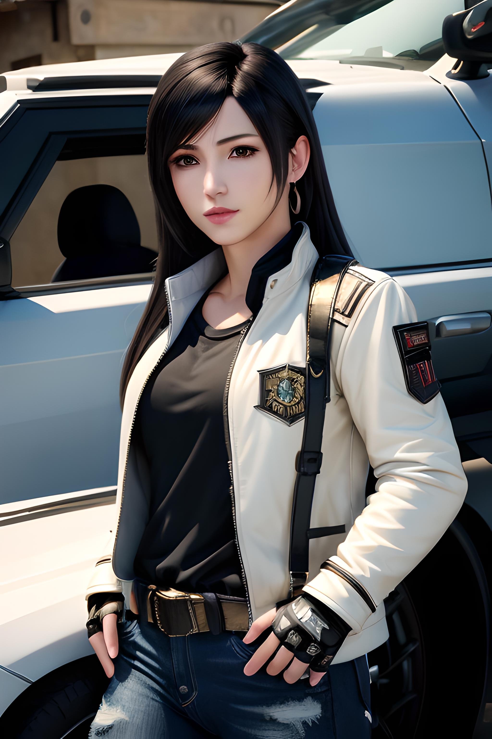 (masterpiece, best quality, high quality, highres), 1girl, extremely beautiful detailed face, tifa, tifa lockhart, final fantasy, elbow pad, fingerless gloves, suspenders, upper body, looking at viewer, white tshirt, cute face, an, game, realistic, hyper realistic, r34, ultra realistic, black hair, long hair, straight hair, detailed hair, intricate details, ultra-detailed, photorealistic, jacket, wearing jacket, full long sleeves, black jacket,  denim pants, full pants,<lora:Tifa Lockhart:0.6>