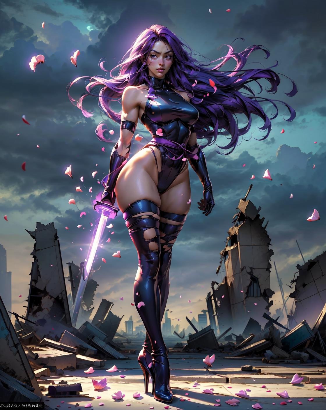 (full body:1.4) photo of psylocke_main, (solo focus), (look at the viewer:1.4), (side view),purple hair, pouty, hair over one eye, (gigantic breast), waist, (gigantic pelvic), cameltoe, big aas, bare (thick thigh:1.2), highheels,  leotard, bare shoulders, elbow gloves, thighhighs,(standing seductively:1.3), (strong wind:1.4), (scattered petal in the air:1.4),(ruined city background), energy sword,strong contrast, (masterpiece,best quality, realistic:1.4) <lyco:Psylocke-06:0.7> 