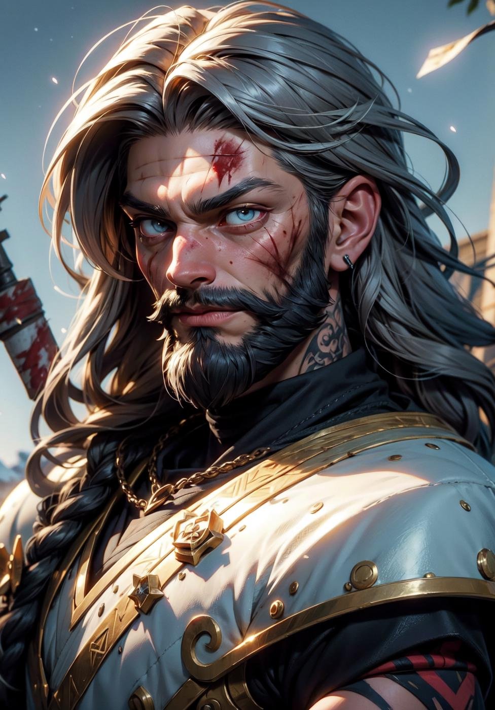 official art, unity 8k wallpaper, ultra detailed, beautiful and aesthetic, masterpiece, best quality, solo, 1man, older man, mature male, serious expression, pale eyes, detailed eyes, gray hair, big beard, parted bangs, (wrinkles, facial scars, face tattoos, blood on face), tribal armor attire, detailed snowy background, depth of field, dynamic angle