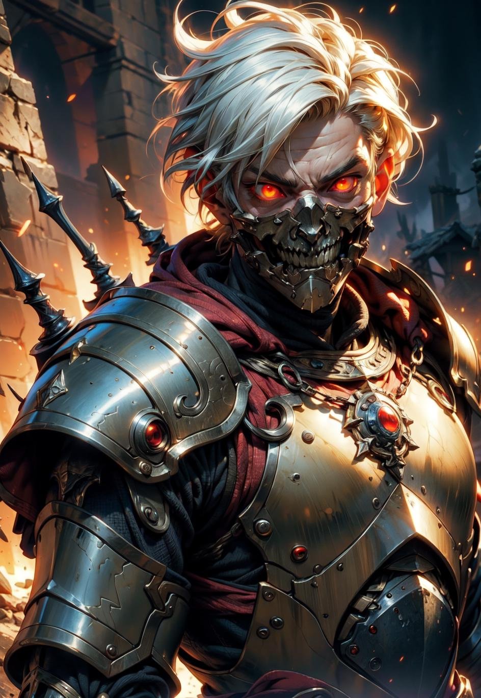 (8k, RAW photo, highest quality),(epic realistic:1.5), 1boy, caucasian, white hair, smirk, ((bright red eyes)), photorealistic, evil look, full armor, dark souls, intricate details,cinematic, dark studio,(hdr:1.5),detailed, muted colors