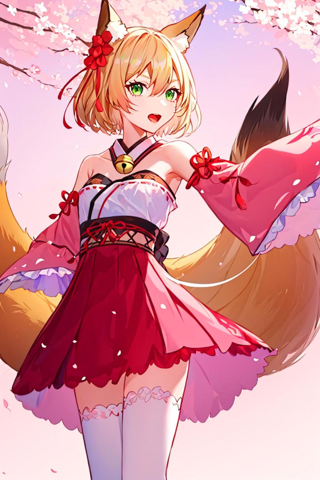 1girl, ahoge, animal_ears, bangs, bare_shoulders, bell, blonde_hair, branch, cherry_blossoms, crop_top, detached_sleeves, eyebrows_visible_through_hair, falling_petals, fox_ears, fox_girl, fox_tail, frilled_skirt, frills, green_eyes, hair_between_eyes, japanese_clothes, jingle_bell, long_hair, long_sleeves, looking_at_viewer, midriff, navel, open_mouth, outdoors, outstretched_arm, petals, pink_flower, pleated_skirt, red_ribbon, red_skirt, ribbon, ribbon-trimmed_legwear, ribbon_trim, rope, shimenawa, shirt, short_hair, sidelocks, skirt, sky, solo, standing, star_\(sky\), starry_sky, tail, thighhighs, tree, white_legwear, wide_sleeves, wind <lora:style_Criin:1>