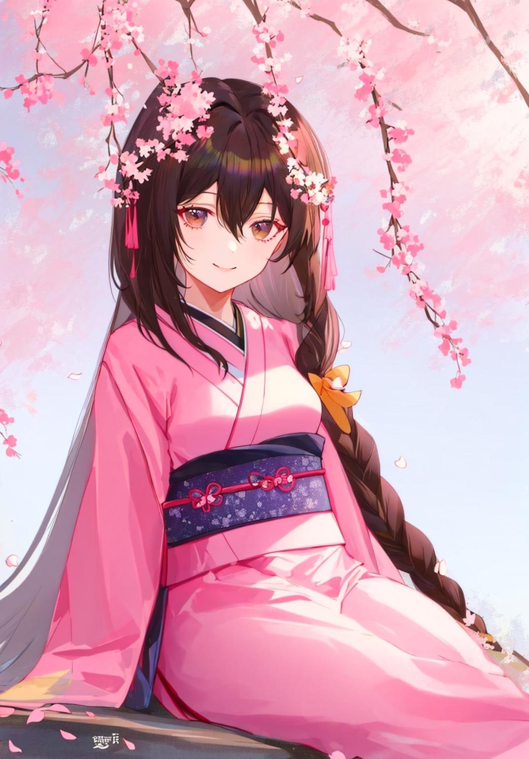 1girl, bangs, black_hair, braid, branch, brown_eyes, brown_hair, cherry_blossoms, closed_mouth, falling_petals, floral_print, flower, hair_between_eyes, hair_flower, hair_ornament, hakama, hanami, horns, in_tree, japanese_clothes, kimono, long_hair, long_sleeves, looking_at_viewer, moon, night, night_sky, obi, petals, petals_on_liquid, pink_flower, pink_kimono, plum_blossoms, sash, seiza, sitting, sitting_in_tree, smile, solo, spring_\(season\), star_\(sky\), torii, tree, very_long_hair, watermark, wisteria  <lora:style_Criin:1>