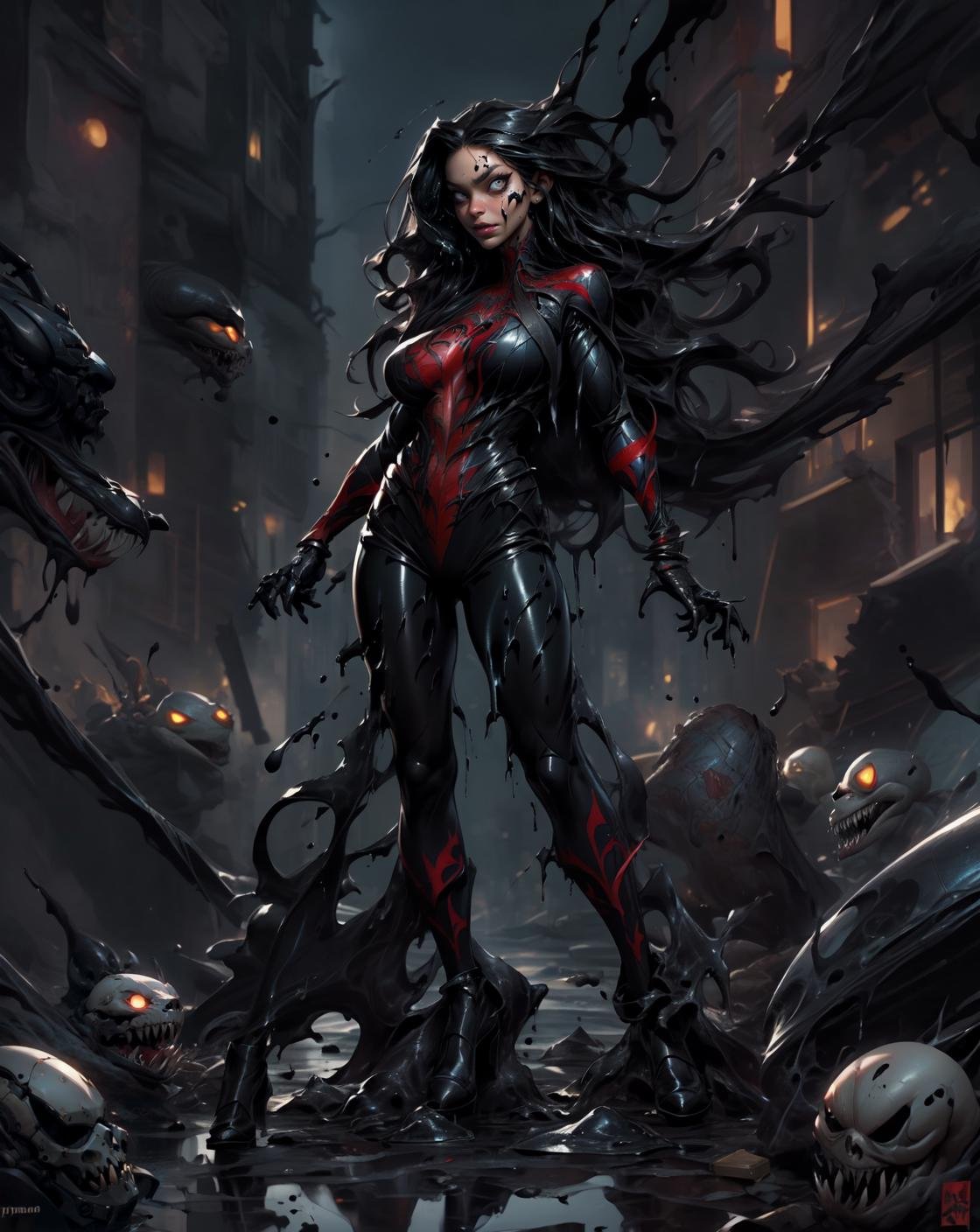 (venomized female:1.4), face of venom\(marvel\), (solo focus, full body:1.4),(dynamic pose:1.3),[:(spiderman_simbol:1.4) on chest:0.35],(gigantic breast:1.3), thin waist, abs, big pelvic, (long legs),BREAK(black splashes:1.4), (black goo:1.6),BREAKfire and flame background,fume, (destroYded city, ruined city:1.4),(realistic skin_details, eye focus, sharp focus, masterpiece,best quality,finely detailed,extremely detailed, realistic detail,clear_image,realistic, high_resolution,distinct_image)