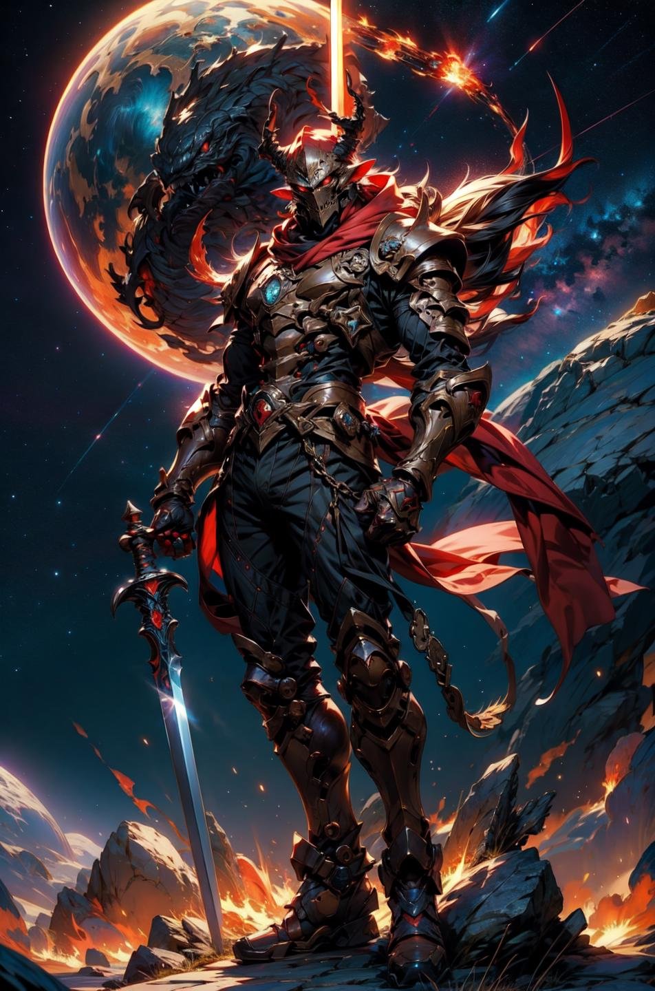 knight, a red aura violently erupts from the whole body, with black big sword targeting the planet in the sky, background open field, full body, masterpiece, V0id3nergy, stars in the background, demon horns