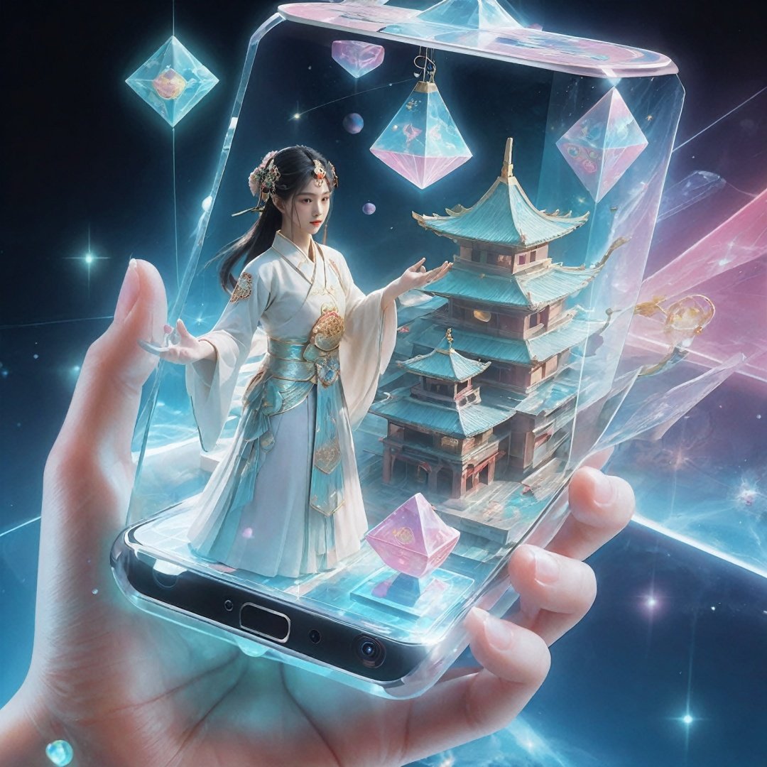 1girl, best quality, eastern mythology, Holographic projection mobile phone from poakl, best quality, cyber world, science fiction world,eastern mythology,candy-coated