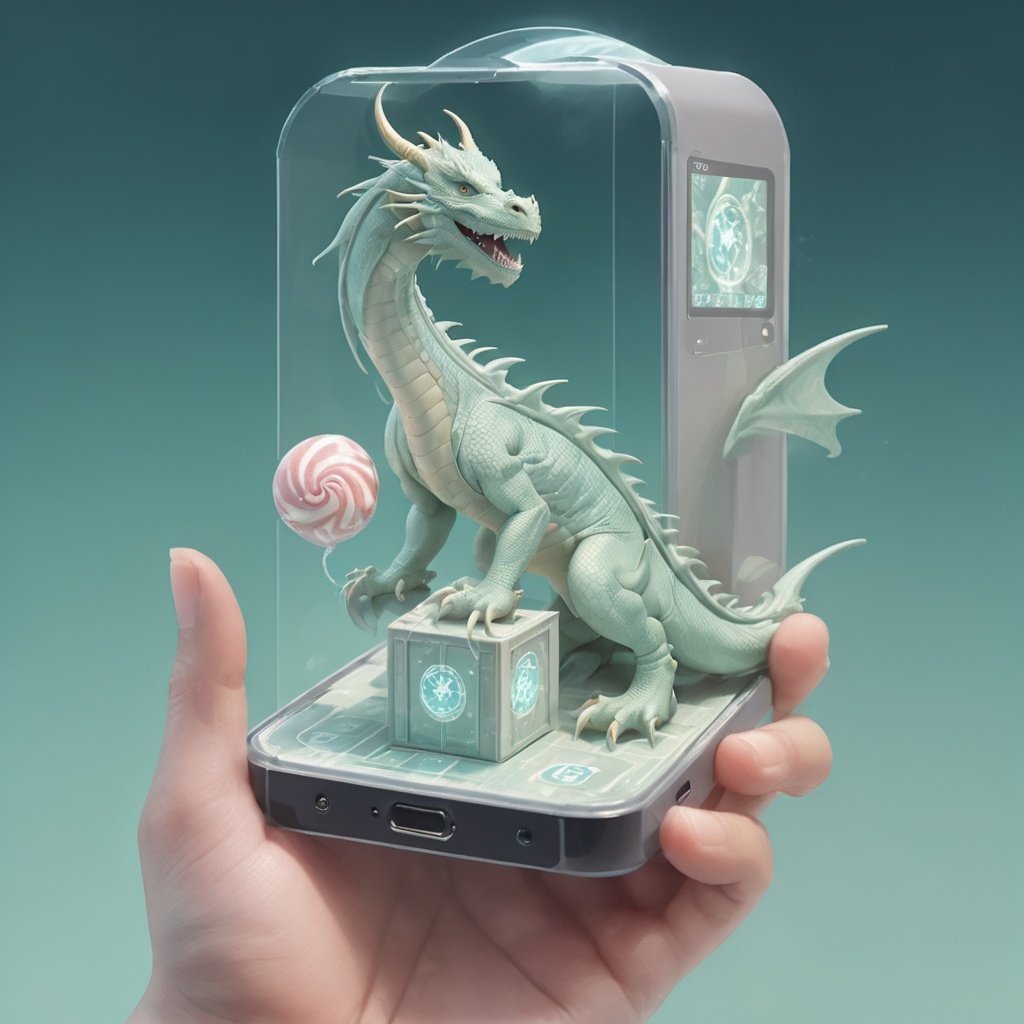 dragon, best quality, eastern mythology, Holographic projection mobile phone from poakl, best quality, cyber world, science fiction world,eastern mythology,candy-coated