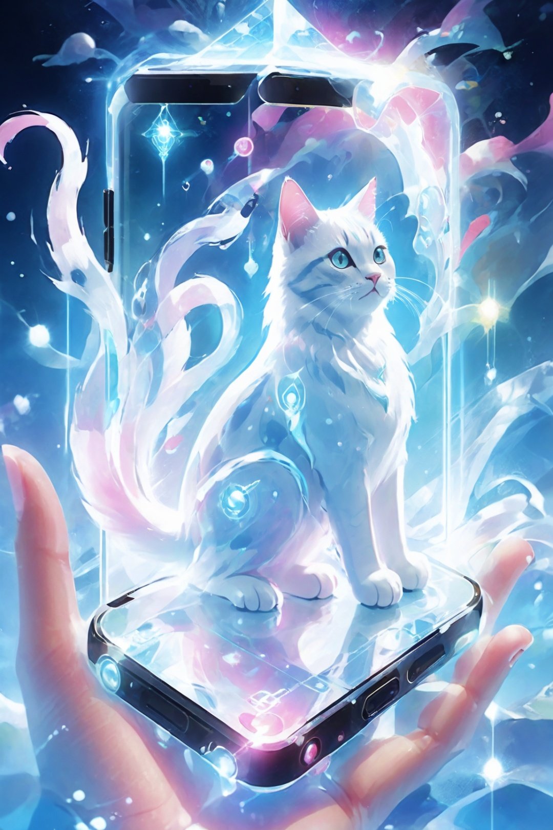 cat, eastern mythology, Holographic projection mobile phone from poakl, best quality, cyber world, science fiction world,eastern mythology,