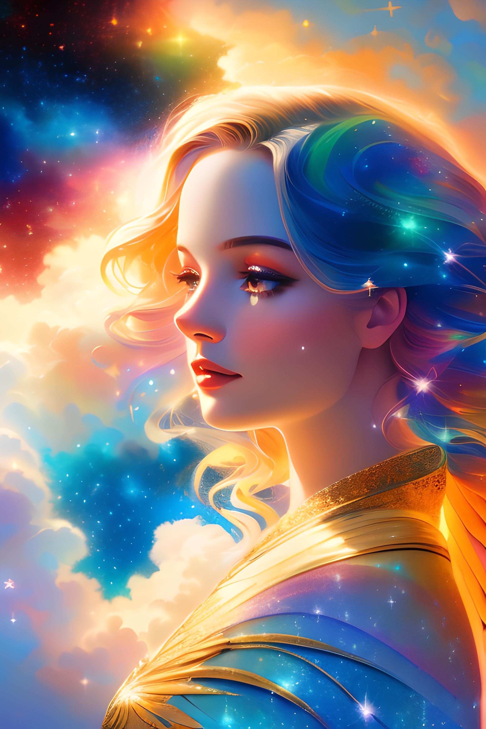 a photorealistic photo of a graceful female angel clothed in glittering, perfect wings, symmetrical wings, colorful fine linen, surrounded by radiant flowers and bright clouds, smoke, misty, shimmering auras, morning lighting, close-up, almost white blonde hair, glowing skin, soft, graceful opalescent glowing wings, calm galaxy pupils eyes, in the distant sky can stars that shine brightly, 8k uhd, dslr, soft lighting, high quality, film grain, Fujifilm XT3 , style-rustmagicDeepJourney, deepjourney <lora:DeepJourney:1.5>