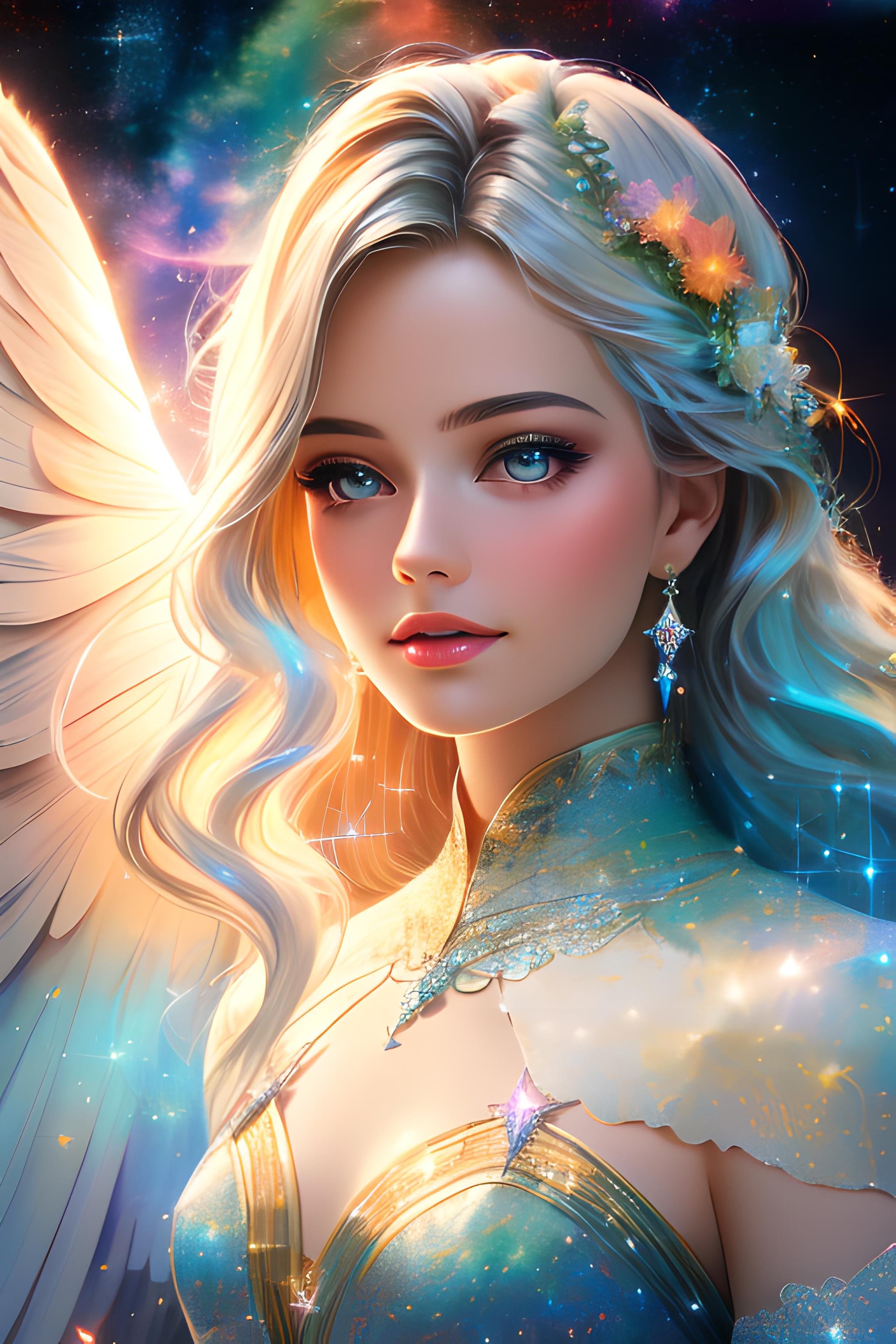 a photorealistic photo of a graceful female angel clothed in glittering, perfect wings, symmetrical wings, colorful fine linen, surrounded by radiant flowers and bright clouds, smoke, misty, shimmering auras, morning lighting, close-up, almost white blonde hair, glowing skin, soft, graceful opalescent glowing wings, calm galaxy pupils eyes, in the distant sky can stars that shine brightly, 8k uhd, dslr, soft lighting, high quality, film grain, Fujifilm XT3 , style-rustmagicDeepJourney, deepjourney <lora:DeepJourney:1>