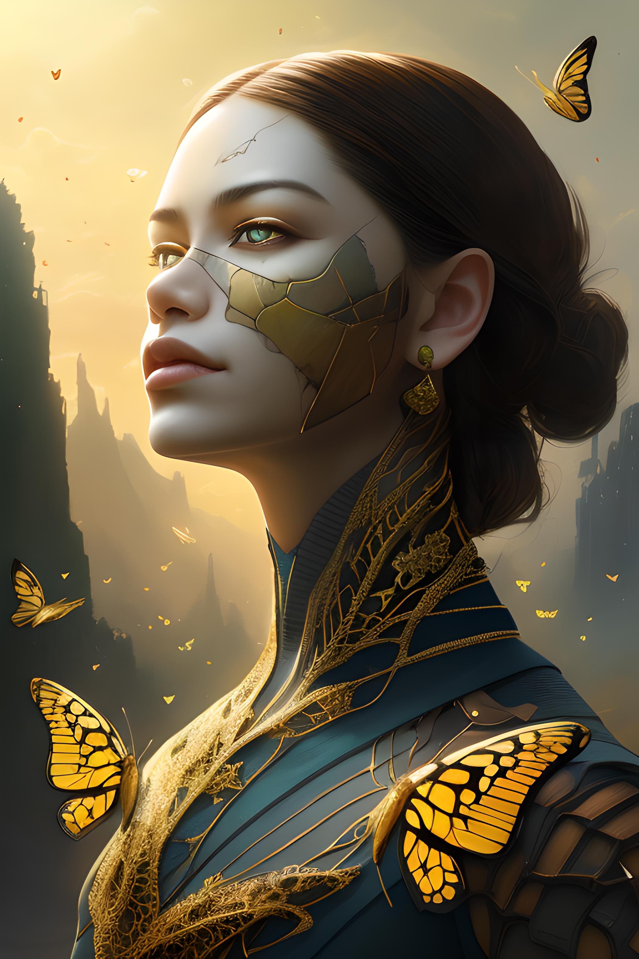 8k portrait of beautiful cyborg with brown hair, intricate, elegant, highly detailed, majestic, digital photography, art by artgerm and ruan jia and greg rutkowski surreal painting gold butterfly filigree, broken glass, (masterpiece, sidelighting, finely detailed beautiful eyes: 1.2), hdr, (detailed background window to a new dimension, plants and flowers:0.7) <lora:more_details:0.5> infinity, infinite symbol, DeepJourney, deepjourney <lora:DeepJourney:1>