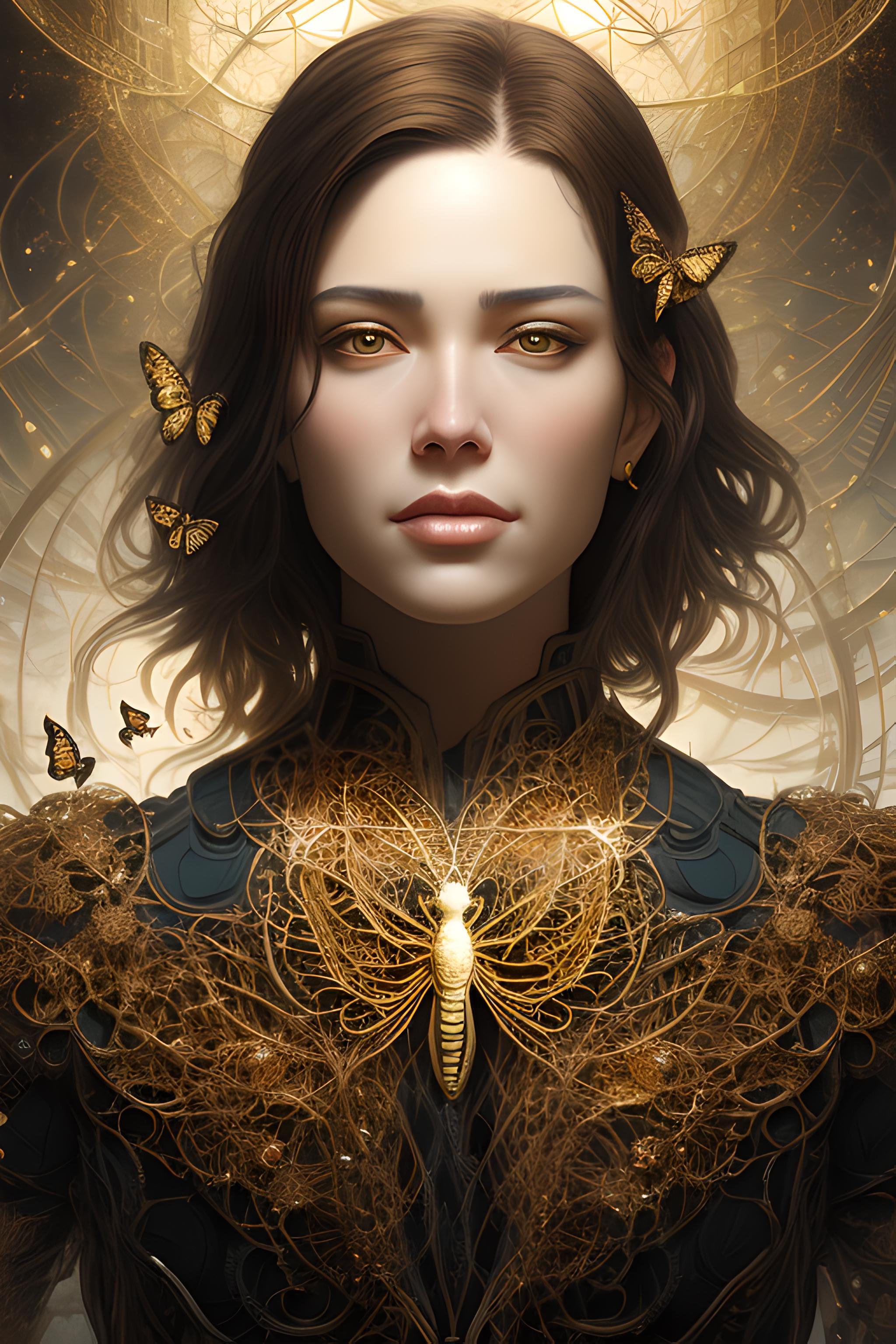 8k portrait of beautiful cyborg with brown hair, intricate, elegant, highly detailed, majestic, digital photography, art by artgerm and ruan jia and greg rutkowski surreal painting gold butterfly filigree, broken glass, (masterpiece, sidelighting, finely detailed beautiful eyes: 1.2), hdr, (detailed background window to a new dimension, plants and flowers:0.7) <lora:more_details:0.5> infinity, infinite symbol, DeepJourney <lora:DeepJourney:1>