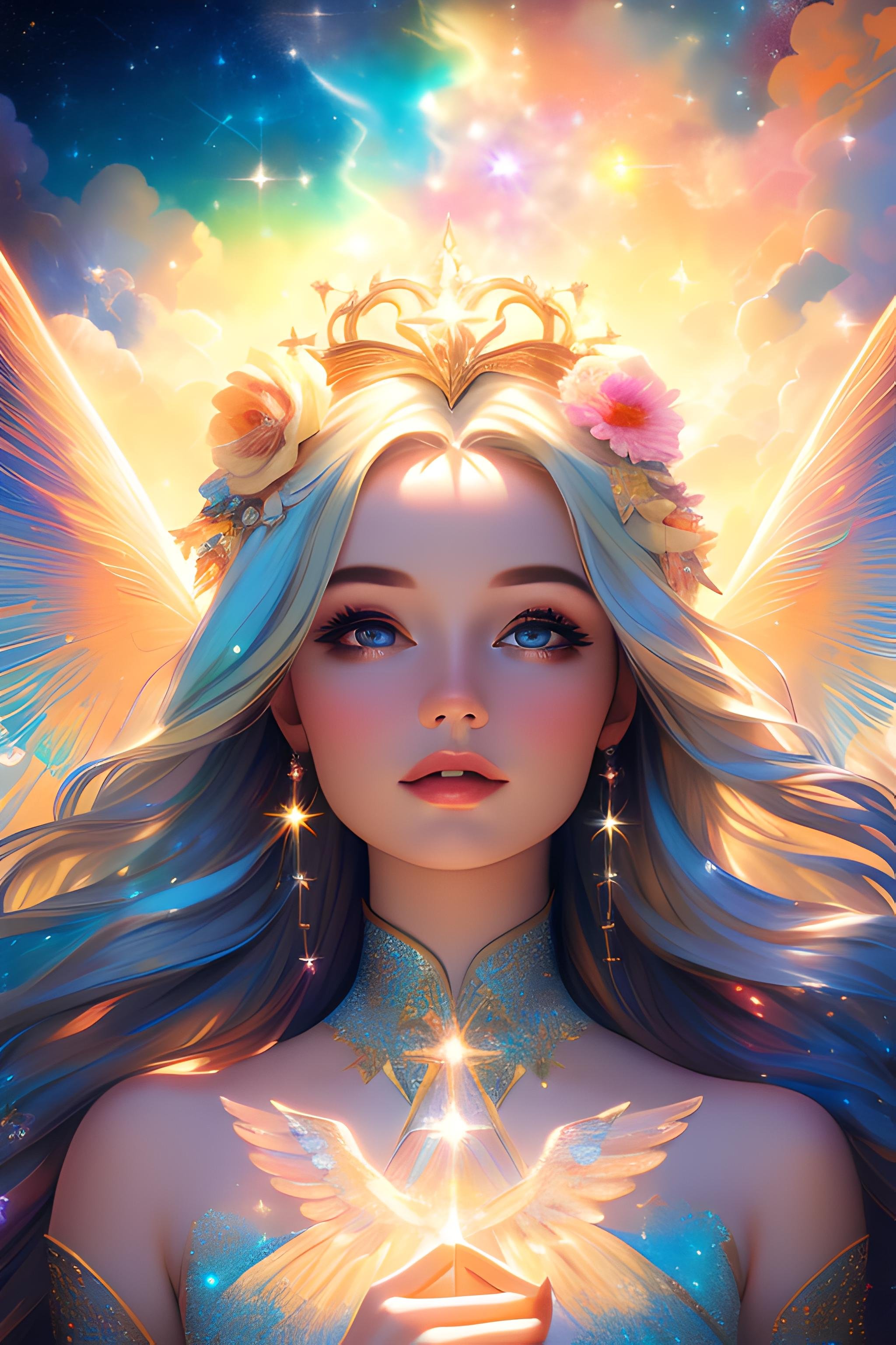 a photorealistic photo of a graceful female angel clothed in glittering, perfect wings, symmetrical wings, colorful fine linen, surrounded by radiant flowers and bright clouds, smoke, misty, shimmering auras, morning lighting, close-up, almost white blonde hair, glowing skin, soft, graceful opalescent glowing wings, calm galaxy pupils eyes, in the distant sky can stars that shine brightly, 8k uhd, dslr, soft lighting, high quality, film grain, Fujifilm XT3 , style-rustmagicDeepJourney, deepjourney <lora:DeepJourney:1.2>