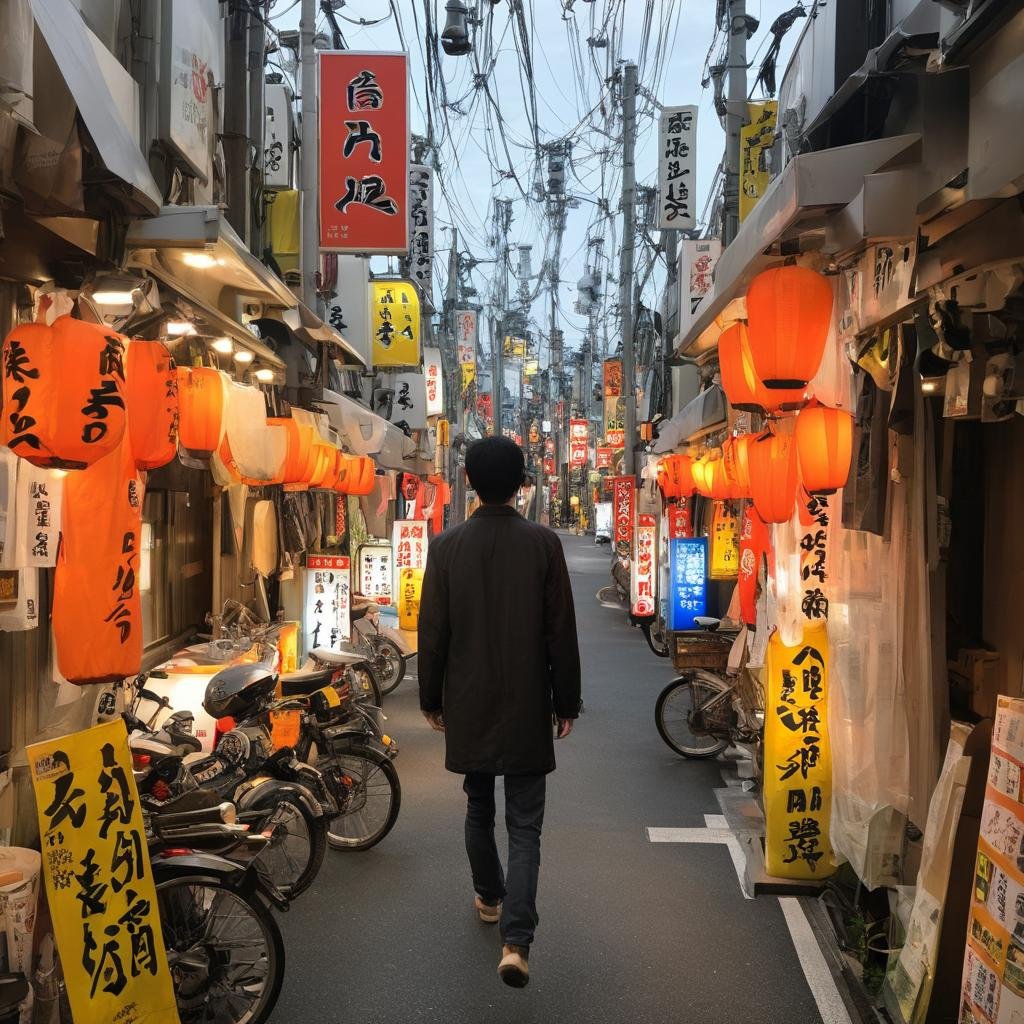 masterpiece, best quality, ultra-detailed, illustration,syonbenyokocho, street, japan, power lines, traffic cone, street, 1boy, road, sign, ground vehicle, alley, motorcycle, utility pole, trash bag, outdoors, male focus, scenery, holding, walking, bicycle, city, jacket, pants, solo, building, from behind, black hair, day, shop, real world location, car, black jacket, phone, trash can, realistic, photo background, photo (medium) <lora:syonben_yokocho_SDXL_V1:1>