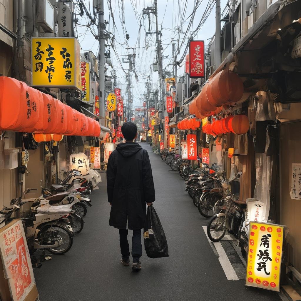 masterpiece, best quality, ultra-detailed, illustration,syonbenyokocho, street, japan, power lines, traffic cone, street, 1boy, road, sign, ground vehicle, alley, motorcycle, utility pole, trash bag, outdoors, male focus, scenery, holding, walking, bicycle, city, jacket, pants, solo, building, from behind, black hair, day, shop, real world location, car, black jacket, phone, trash can, realistic, photo background, photo (medium) <lora:syonben_yokocho_SDXL_V1:1>