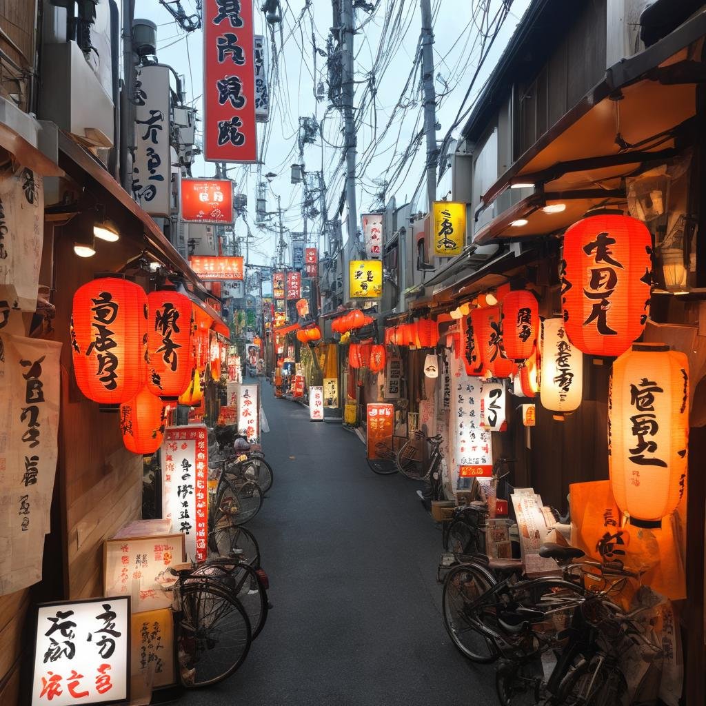 masterpiece, best quality, ultra-detailed, illustration,syonbenyokocho, street, japan, bicycle, alley, outdoors, ground vehicle, scenery, sign, paper lantern, lantern, road, street, storefront, power lines, shop, banner, building, city, day, utility pole, real world location, multiple boys, realistic, photo background, photo (medium) <lora:syonben_yokocho_SDXL_V1:1>