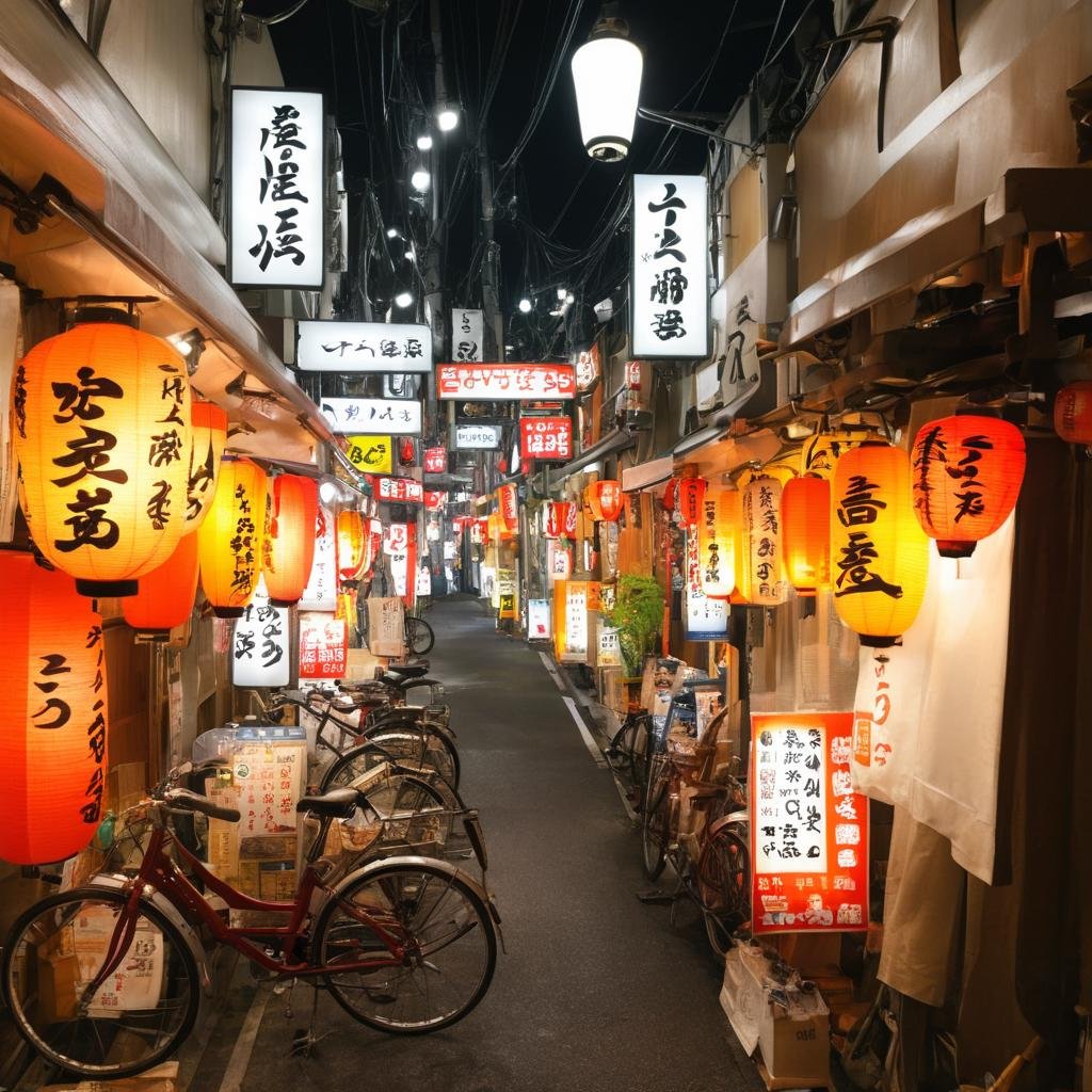 masterpiece, best quality, ultra-detailed, illustration,syonbenyokocho, street, japan, bicycle, scenery, ground vehicle, outdoors, sign, road, power lines, street, lantern, real world location, city, paper lantern, alley, shop, utility pole, banner, building, storefront, vanishing point, pavement, day, lamppost, bicycle basket, realistic, photo background, photo (medium) <lora:syonben_yokocho_SDXL_V1:1>