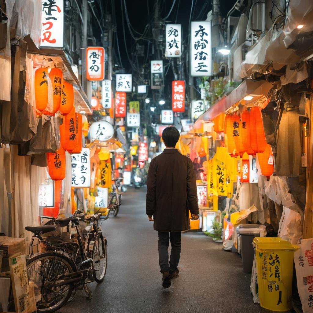 masterpiece, best quality, ultra-detailed, illustration,syonbenyokocho, street, japan, power lines, traffic cone, street, 1boy, road, sign, ground vehicle, alley, motorcycle, utility pole, trash bag, outdoors, male focus, scenery, holding, walking, bicycle, city, jacket, pants, solo, building, from behind, black hair, day, shop, real world location, car, black jacket, phone, trash can, realistic, photo background, photo (medium) <lora:syonben_yokocho_SDXL_V1:1>