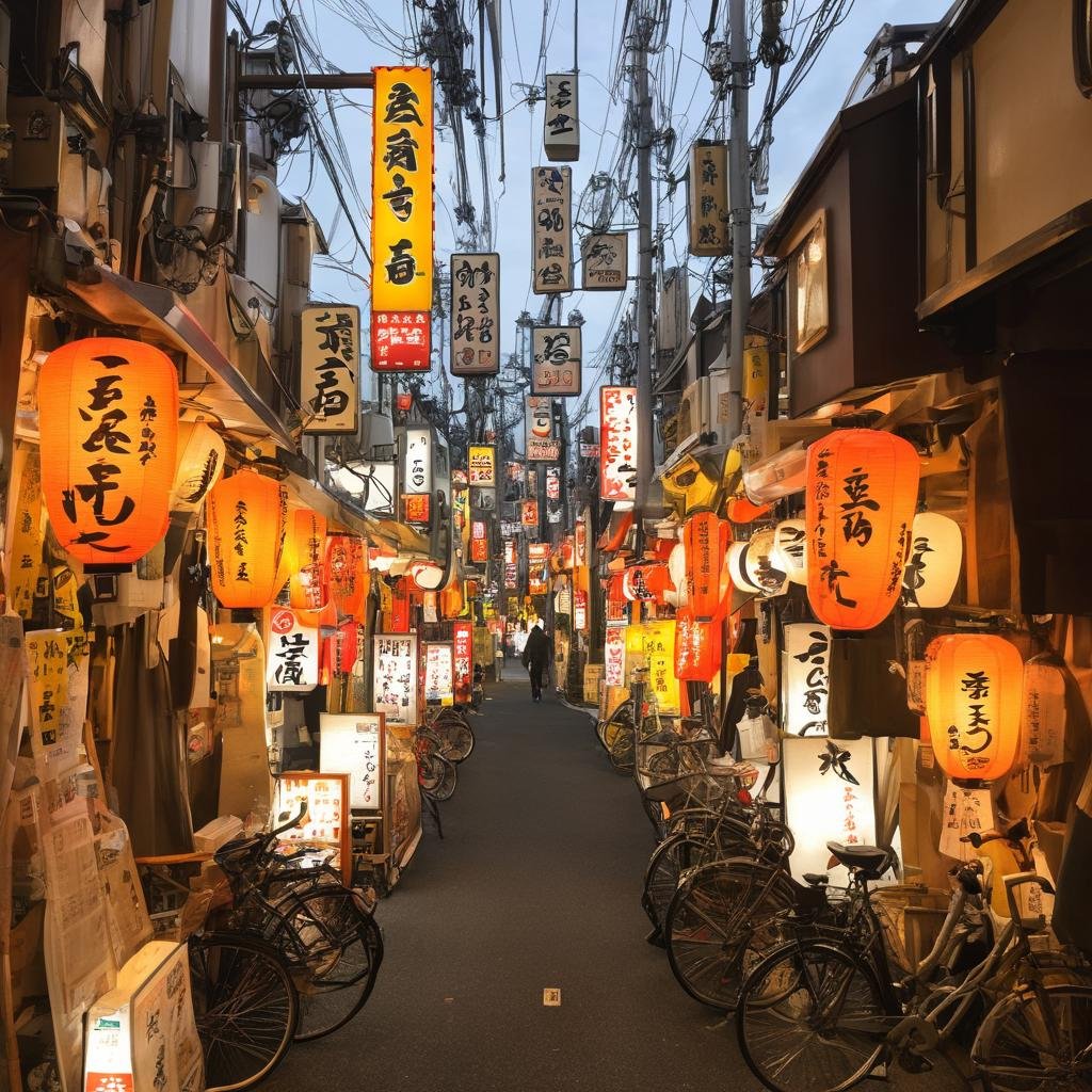 masterpiece, best quality, ultra-detailed, illustration,syonbenyokocho, street, japan, scenery, bicycle, road, street, sign, city, ground vehicle, outdoors, lamppost, people, crosswalk, multiple boys, real world location, vanishing point, storefront, power lines, night, shop, building, cityscape, silhouette, tree, walking, realistic, photo background, photo (medium) <lora:syonben_yokocho_SDXL_V1:1>