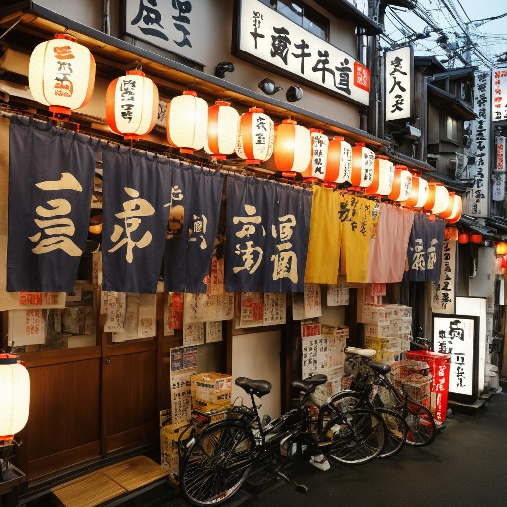 masterpiece, best quality, ultra-detailed, illustration,sakaba, storefront, japan, scenery, bicycle, outdoors, paper lantern, lantern, sign, road, power lines, building, shop, street, alley, city, utility pole, night, box, real world location, bicycle basket, realistic, photo background, photo (medium) <lora:taisyu_sakaba_tentou_SDXL_V1:1>