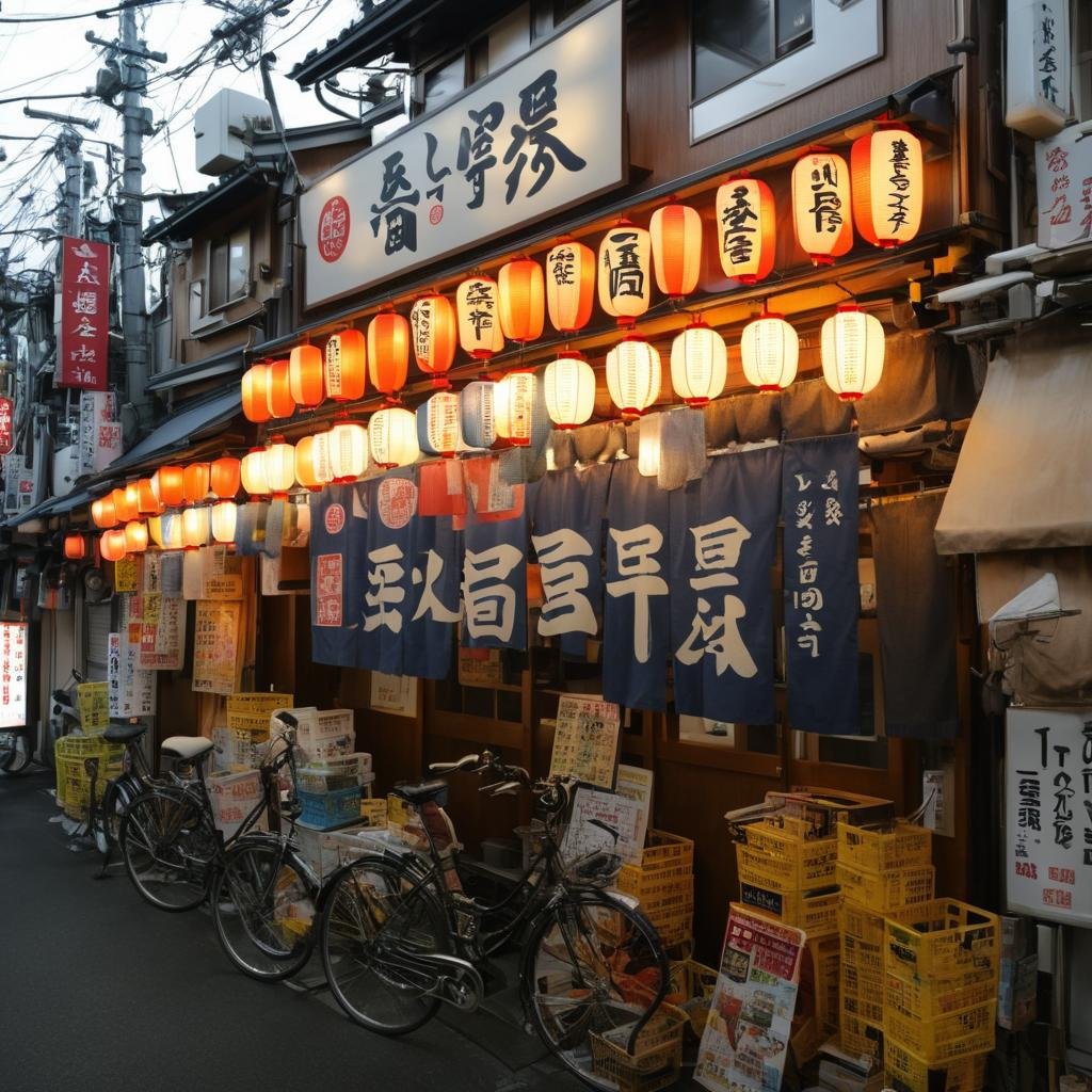 masterpiece, best quality, ultra-detailed, illustration,sakaba, storefront, japan, scenery, bicycle, outdoors, paper lantern, lantern, sign, road, power lines, building, shop, street, alley, city, utility pole, night, box, real world location, bicycle basket, realistic, photo background, photo (medium) <lora:taisyu_sakaba_tentou_SDXL_V1:1>