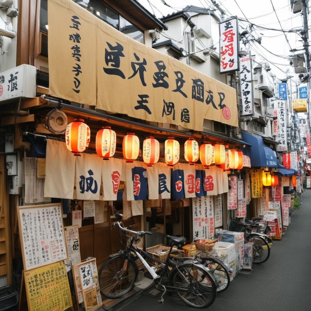 masterpiece, best quality, ultra-detailed, illustration,sakaba, storefront, japan, bicycle, scenery, outdoors, road, street, sign, lantern, paper lantern, banner, shop, building, food, power lines, alley, city, day, realistic, photo background, photo (medium) <lora:taisyu_sakaba_tentou_SDXL_V1:1>