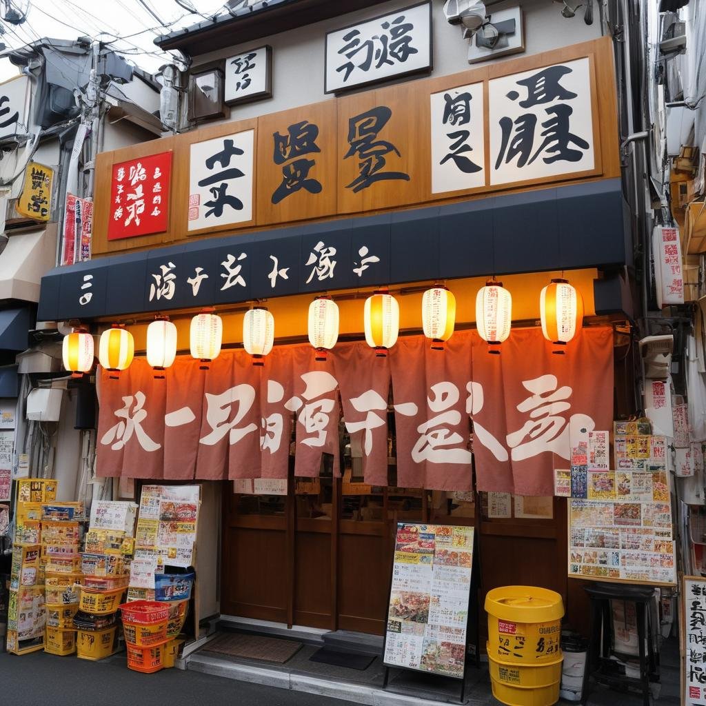 masterpiece, best quality, ultra-detailed, illustration,sakaba, storefront, japan, scenery, sign, shop, building, outdoors, lantern, city, light, window, banner, cityscape, lamp, real world location, road, trash can, street, restaurant, realistic, photo background, photo (medium) <lora:taisyu_sakaba_tentou_SDXL_V1:1>